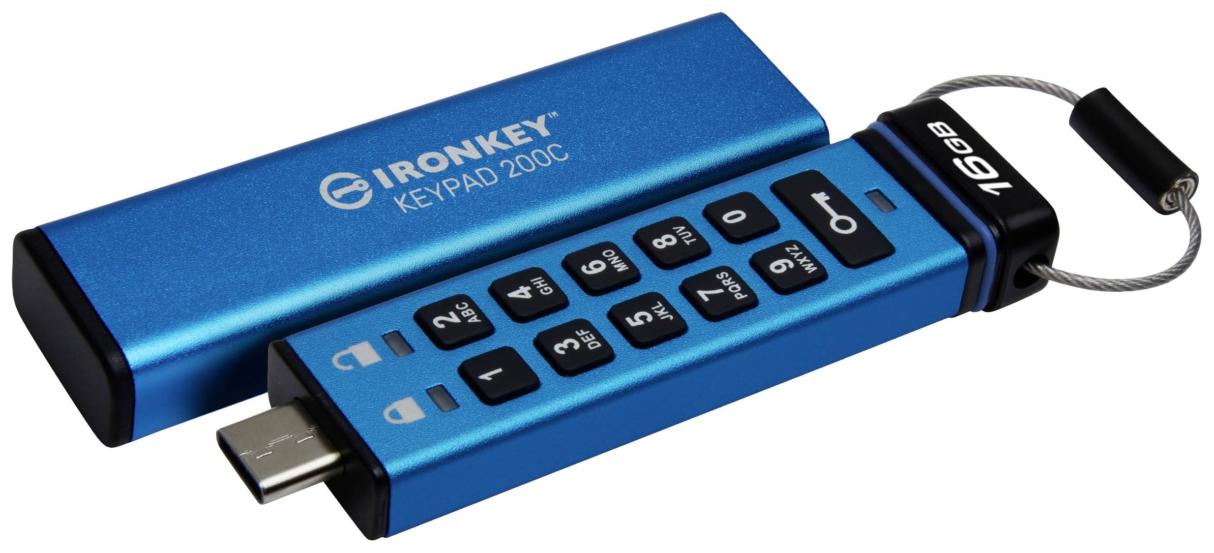 Een 16GB USB-flashstation met toetsenbordje voor PIN-invoer. Blauwe metalen oppervlakte met 'IRONKEY KEYPAD 200C'-opdruk.