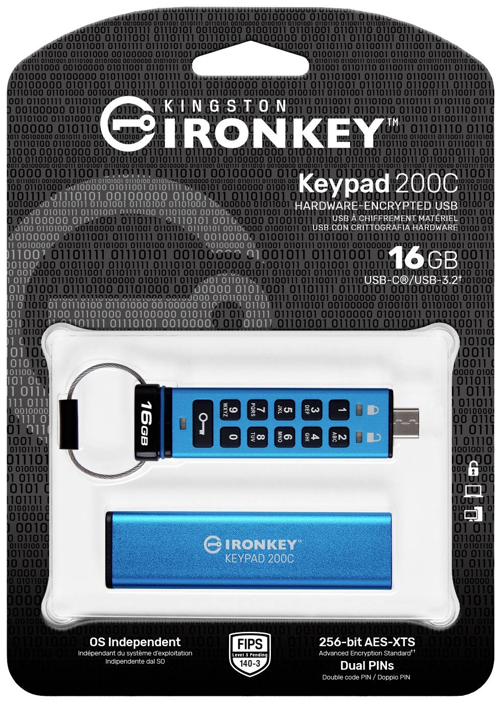 Een blauwe USB-stick met numeriek toetsenbord van IronKey, 16 GB opslagcapaciteit. Voor veilige gegevensopslag door hardwarematige versleuteling.