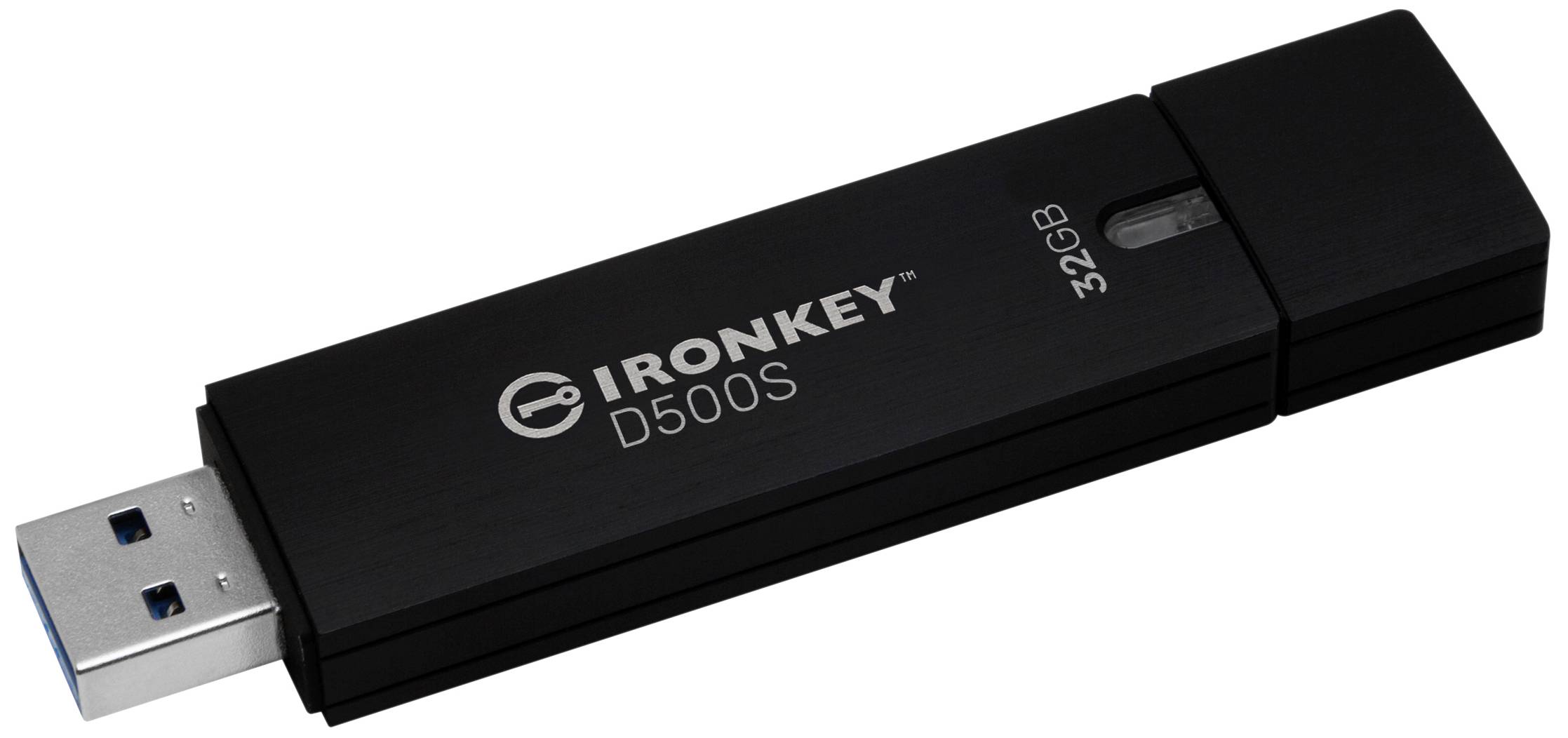 Een zwarte USB-stick met de opdruk 'IronKey D500S 32GB', toont USB-aansluiting en beschermkapje.