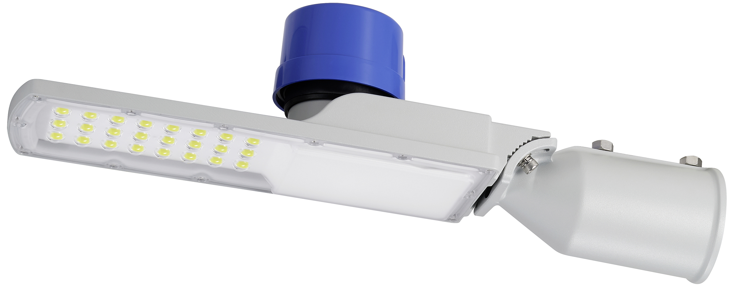 'Straatlantaarn met LED-verlichting en blauwe sensor op witte achtergrond. Moderne verlichtingsoplossing voor buitenruimtes.'