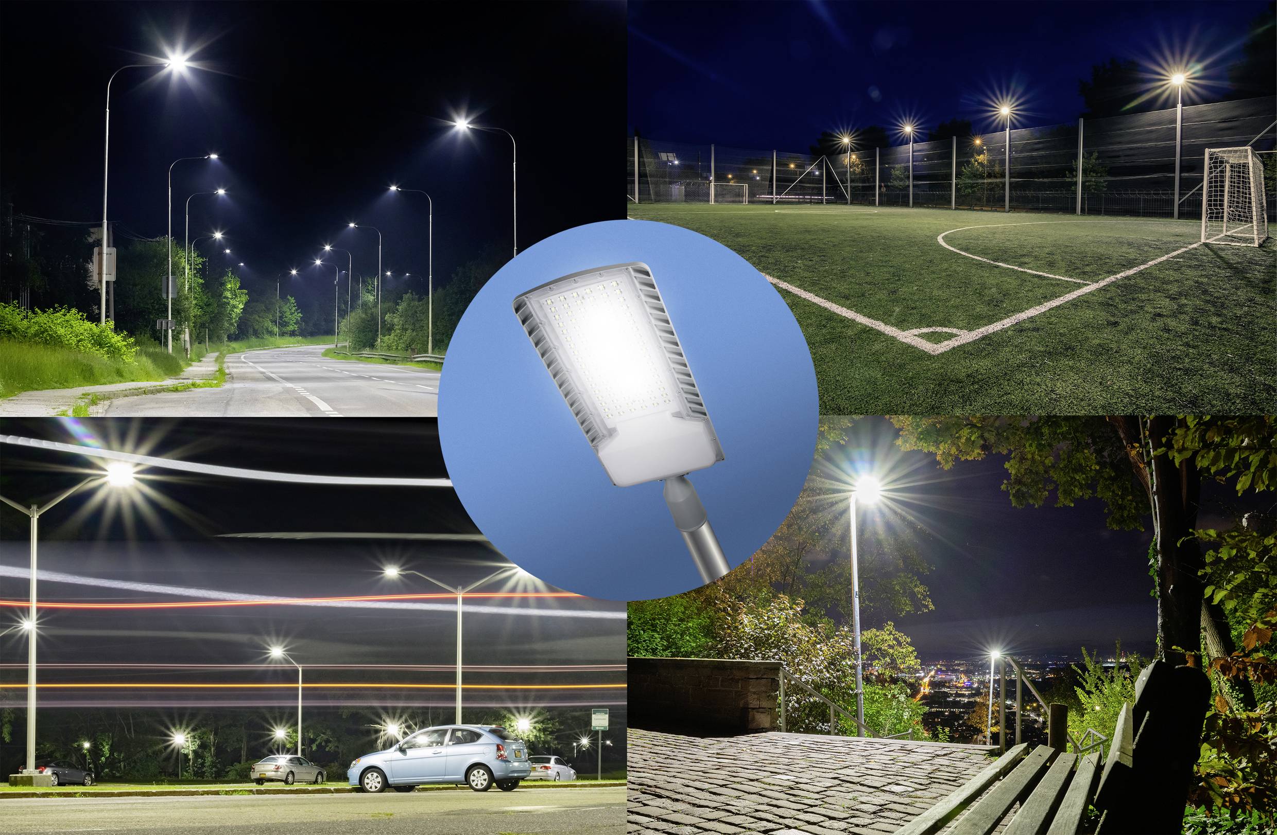 Een collage toont straatverlichting, een verlicht voetbalveld en een verlicht park, geaccentueerd door een ronde lamp.