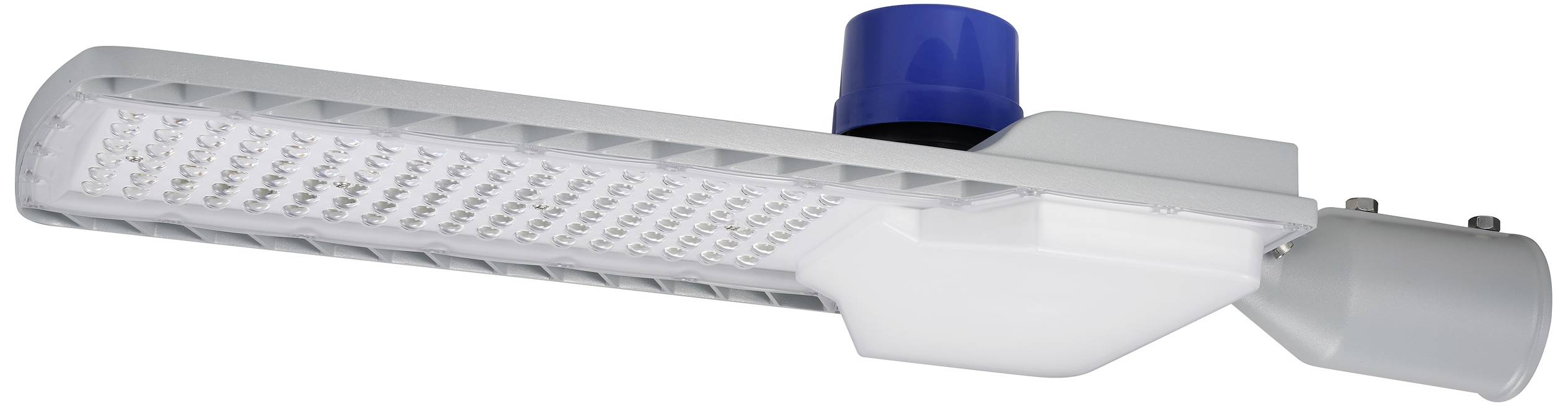 Straatlantaarn met LED-paneel en blauwe afdekking bovenaan, zijdelings gemonteerd op een paal. Maakt gebruik van LED-technologie voor energie-efficiëntie.