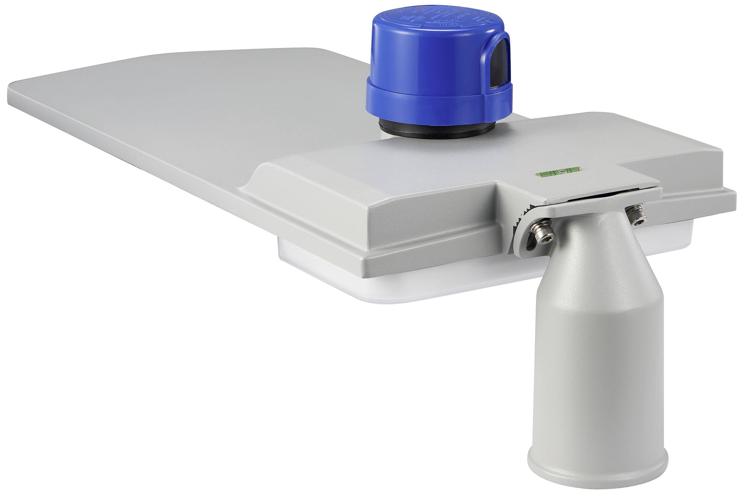 Straatlantaarn met blauwe sensor op grijze steun, geschikt voor buitenverlichting.