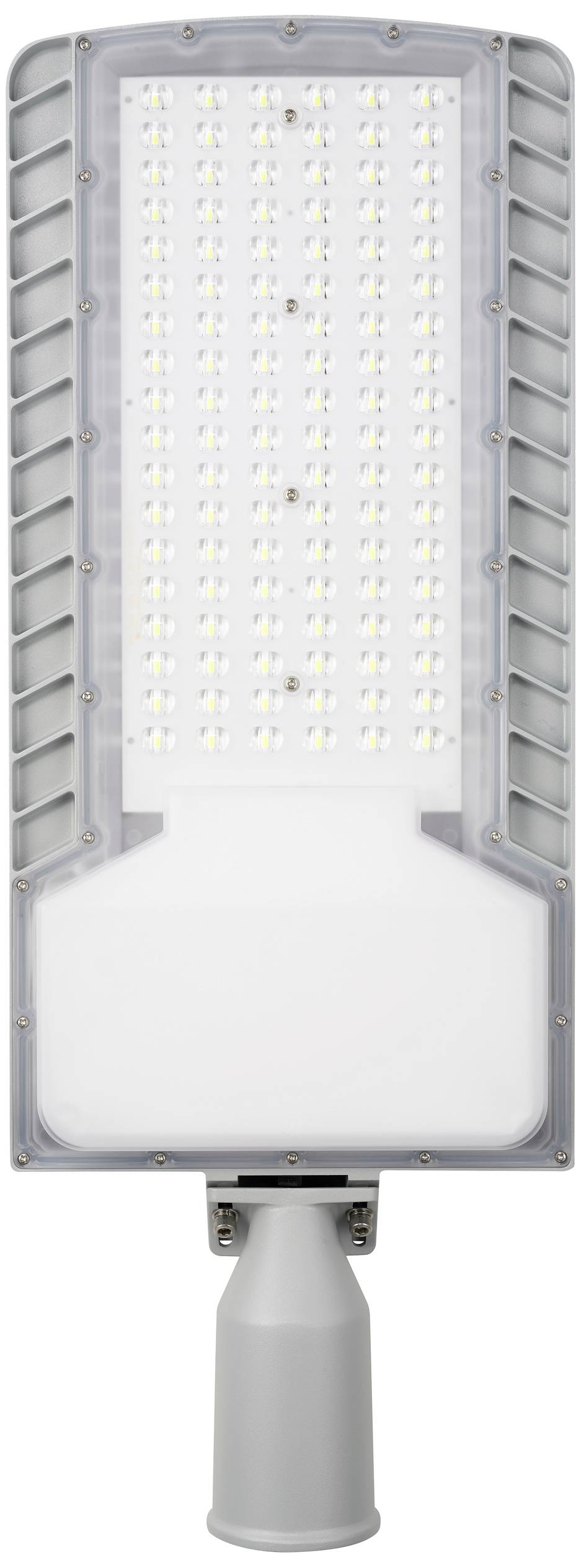 Een rechthoekige LED-straatlantaarn met vele kleine lichtdiodes en een grijs behuizing voor buitenverlichting.