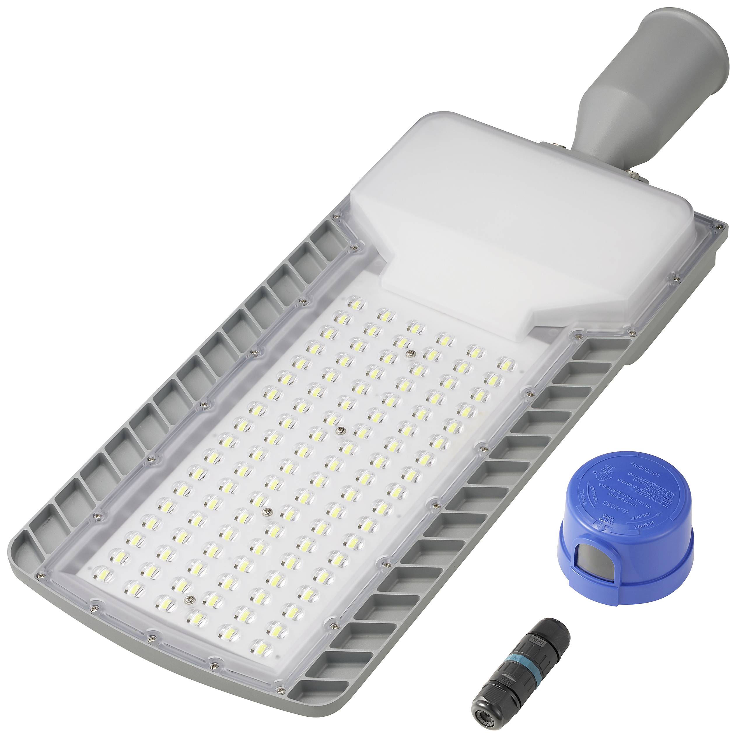 Straatlantaarn met LED-paneel, afneembare sensor en aansluitstuk.