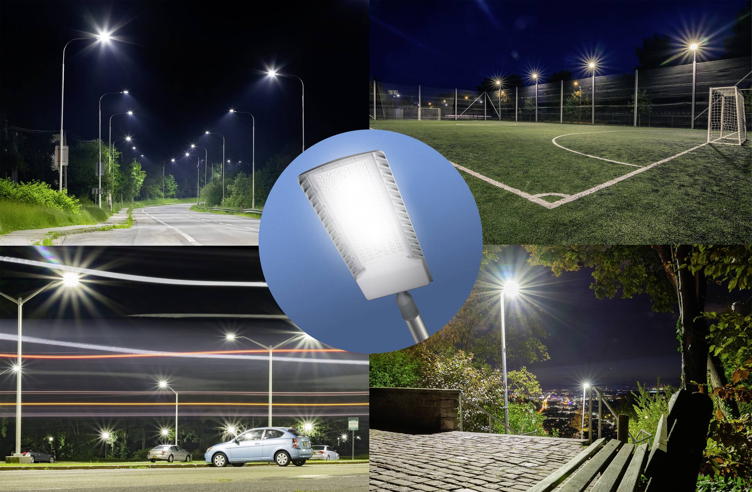 De collage toont verschillende buitenscènes bij nacht met straatlantaarns en voetbalvelden. In het midden bevindt zich een close-up van een lamp.