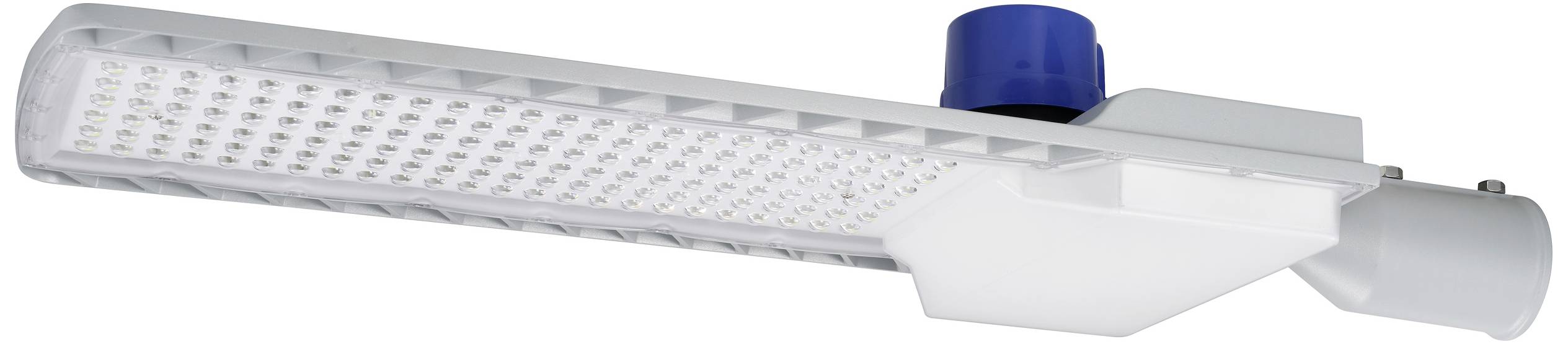 LED-straatlantaarn met blauwe sensor aan de bovenkant, rechthoekige lichtbehuizing en modern design.