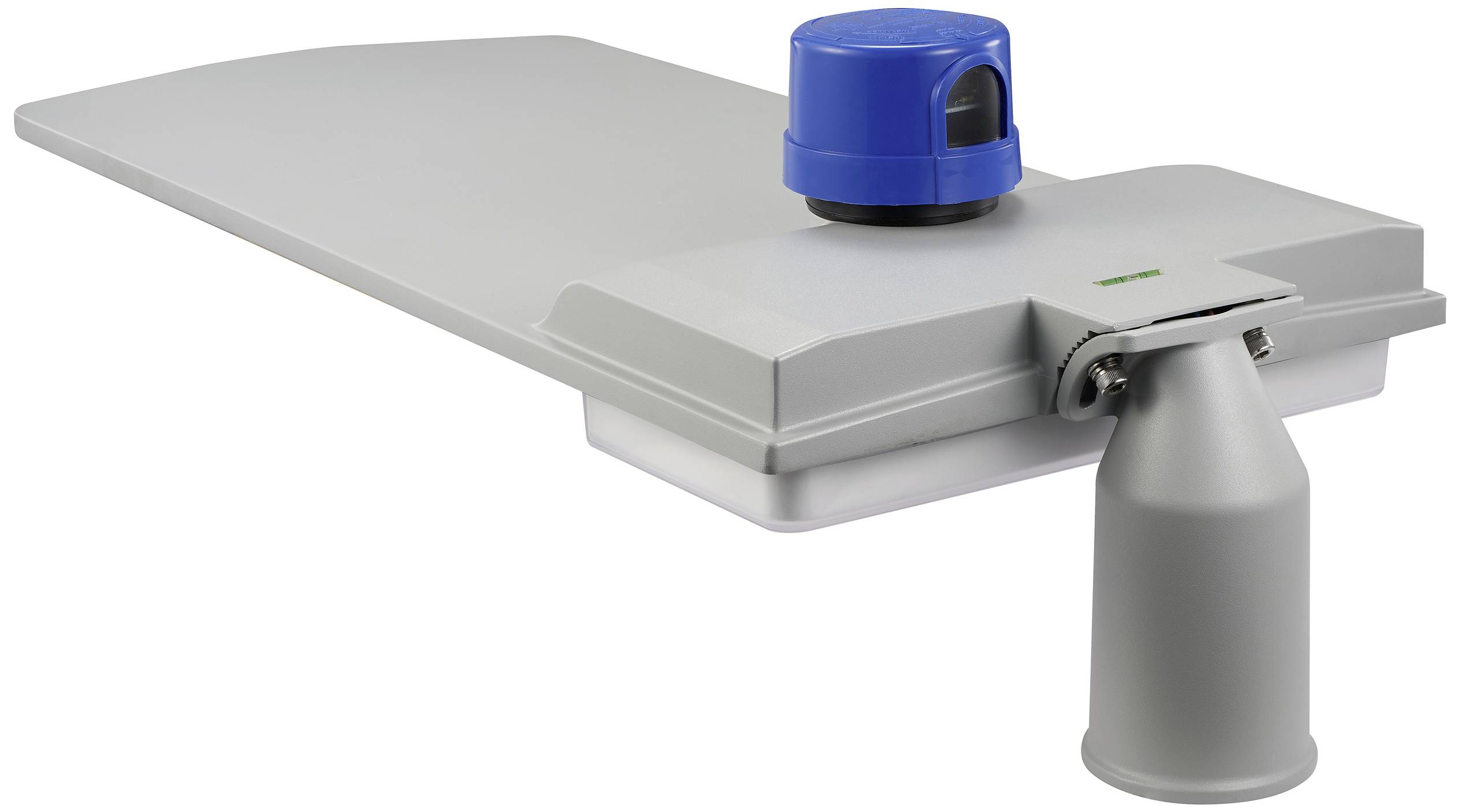 Grijze straatlantaarn met blauwe sensor op witte achtergrond.