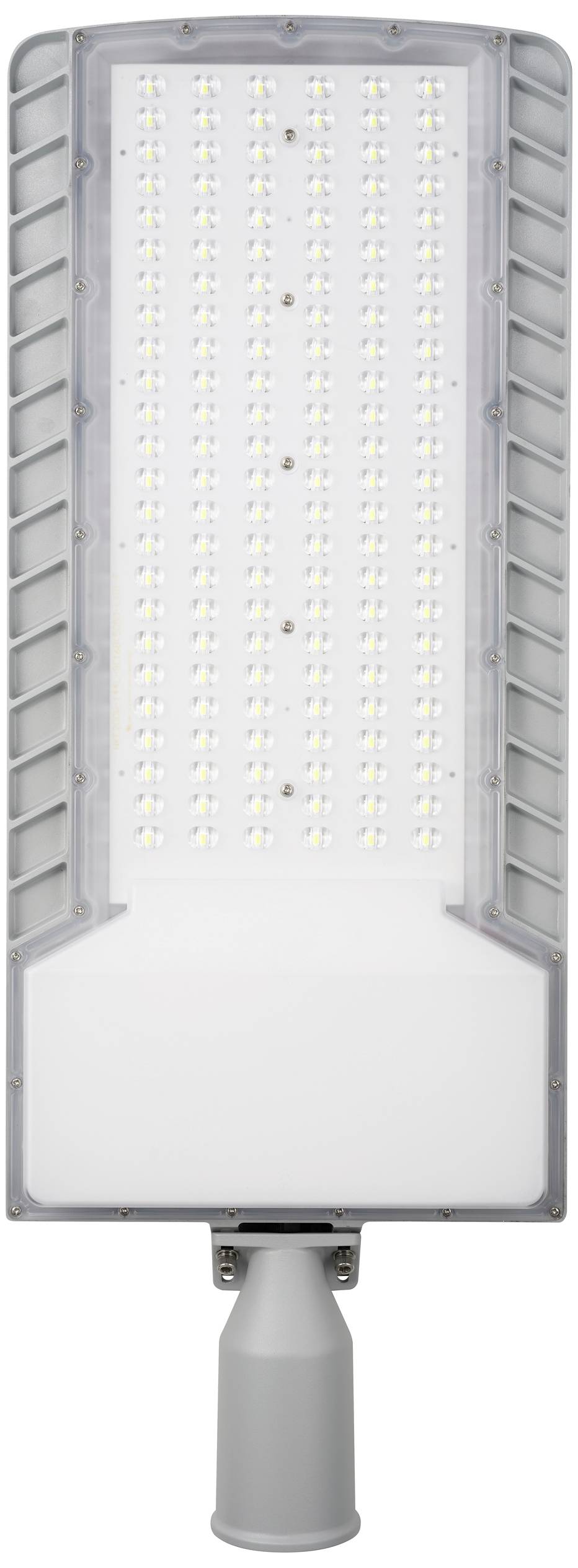 Grote, rechthoekige LED-straatlantaarn met talrijke kleine, gelijkmatig verdeelde lichtdiodes op een witte oppervlakte.