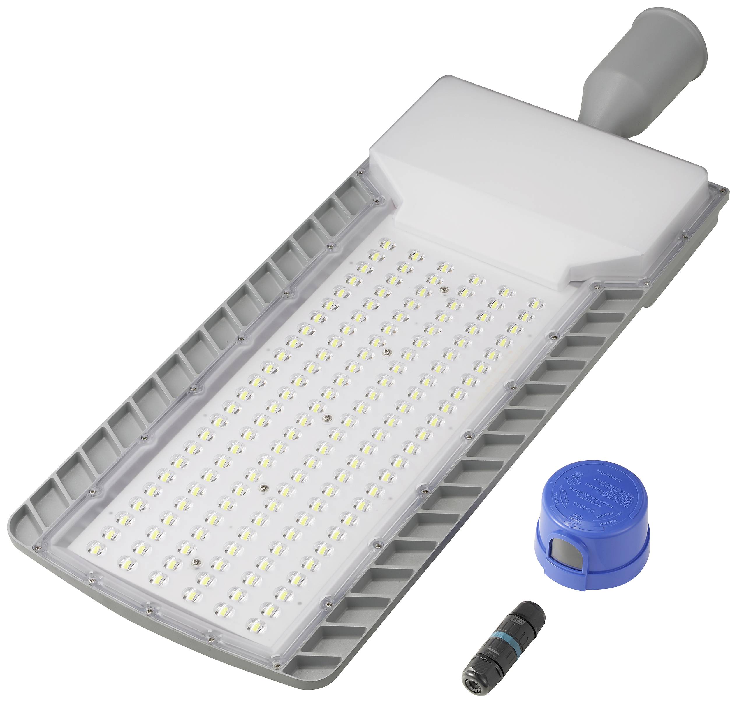 LED-straatlantaarn met rechthoekige behuizing in grijs en wit. Bevat talrijke LED's in rijen. Blauw onderdeel en kleine zwarte adapter ernaast.