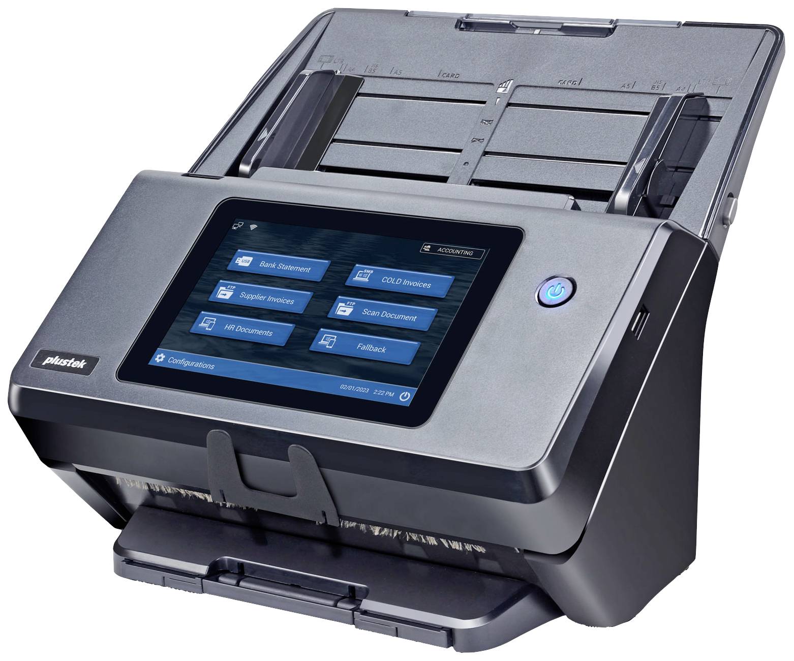 Een moderne documentscanner met opvouwbare papierlade en touchscreen-display voor het selecteren van scanopties.