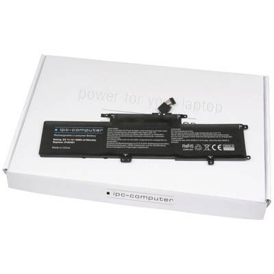 Een zwarte laptopaccu ligt op een witte verpakking met de tekst 'power for your laptop'; merknaam onderaan zichtbaar.