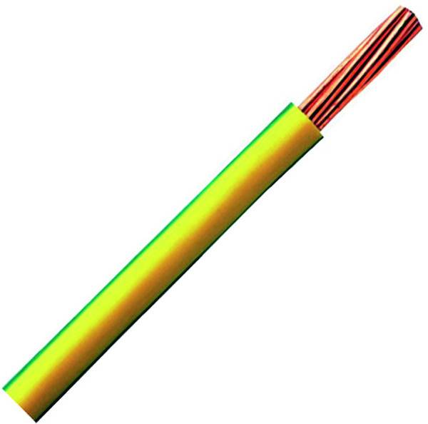 Een geel-groen kabel met meerdere koperen draden zichtbaar aan het open uiteinde.