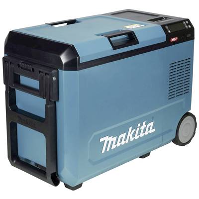 Een blauwe draagbare koelbox op wielen met handvatten, merk 'Makita', geschikt voor mobiel gebruik en het vervoeren van voedsel of dranken.