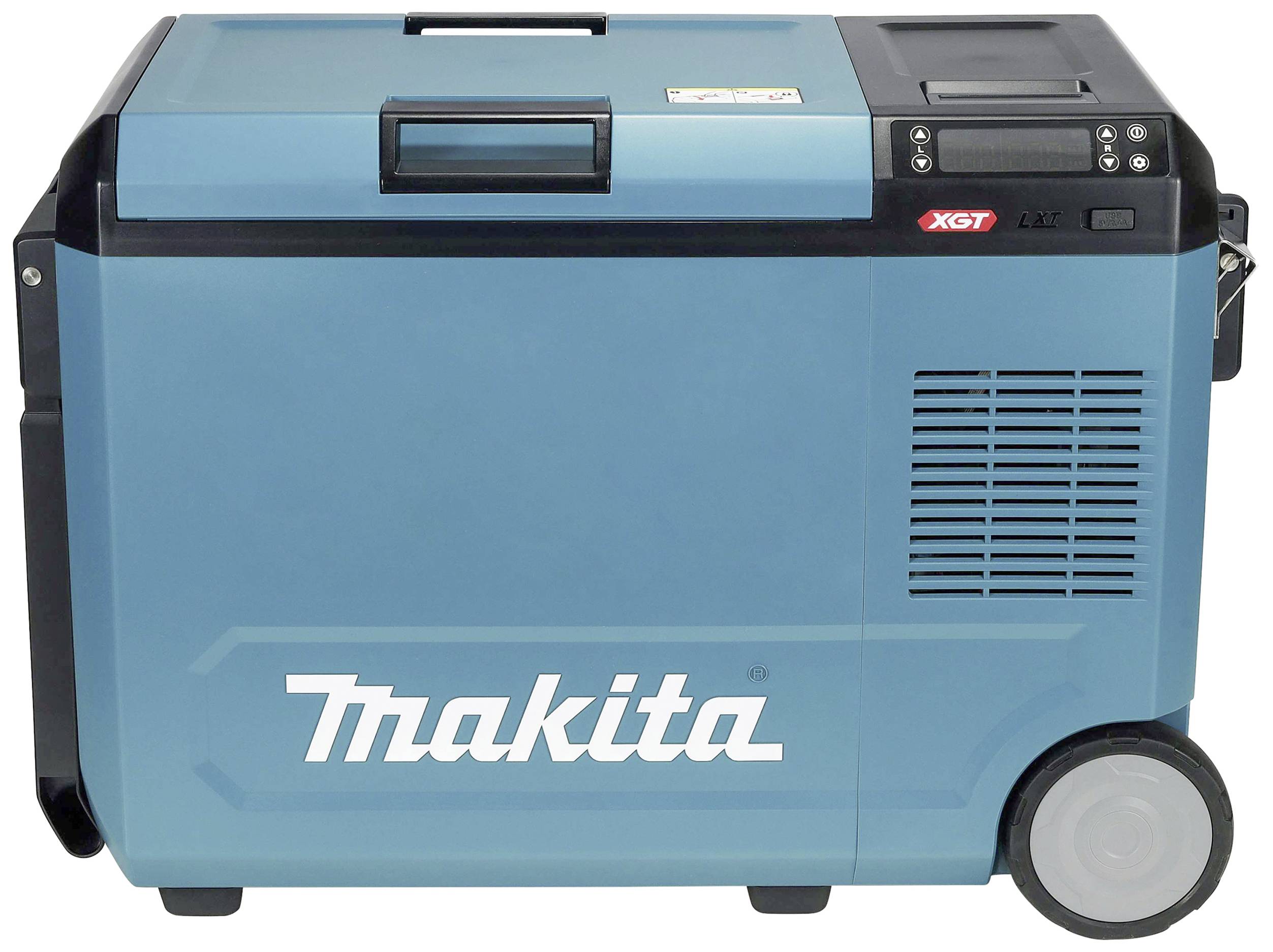 'Draagbare Makita XGT elektrische koelbox in blauw met wielen en handvat, geschikt voor mobiel gebruik.'