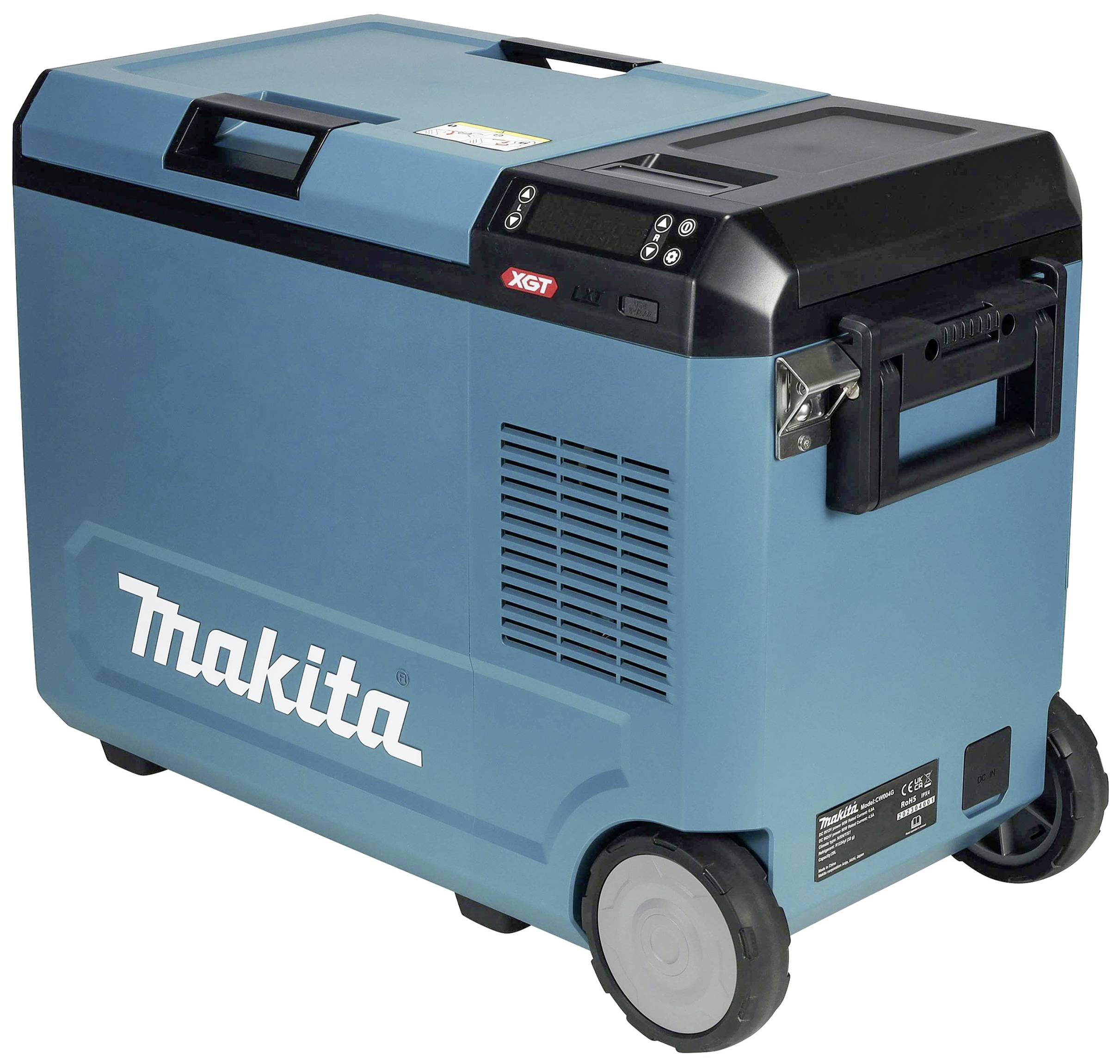 Een blauwe draagbare koelbox op wielen van het merk Makita. Hij heeft een bovenste deksel, een XGT-plaatje en handgrepen.