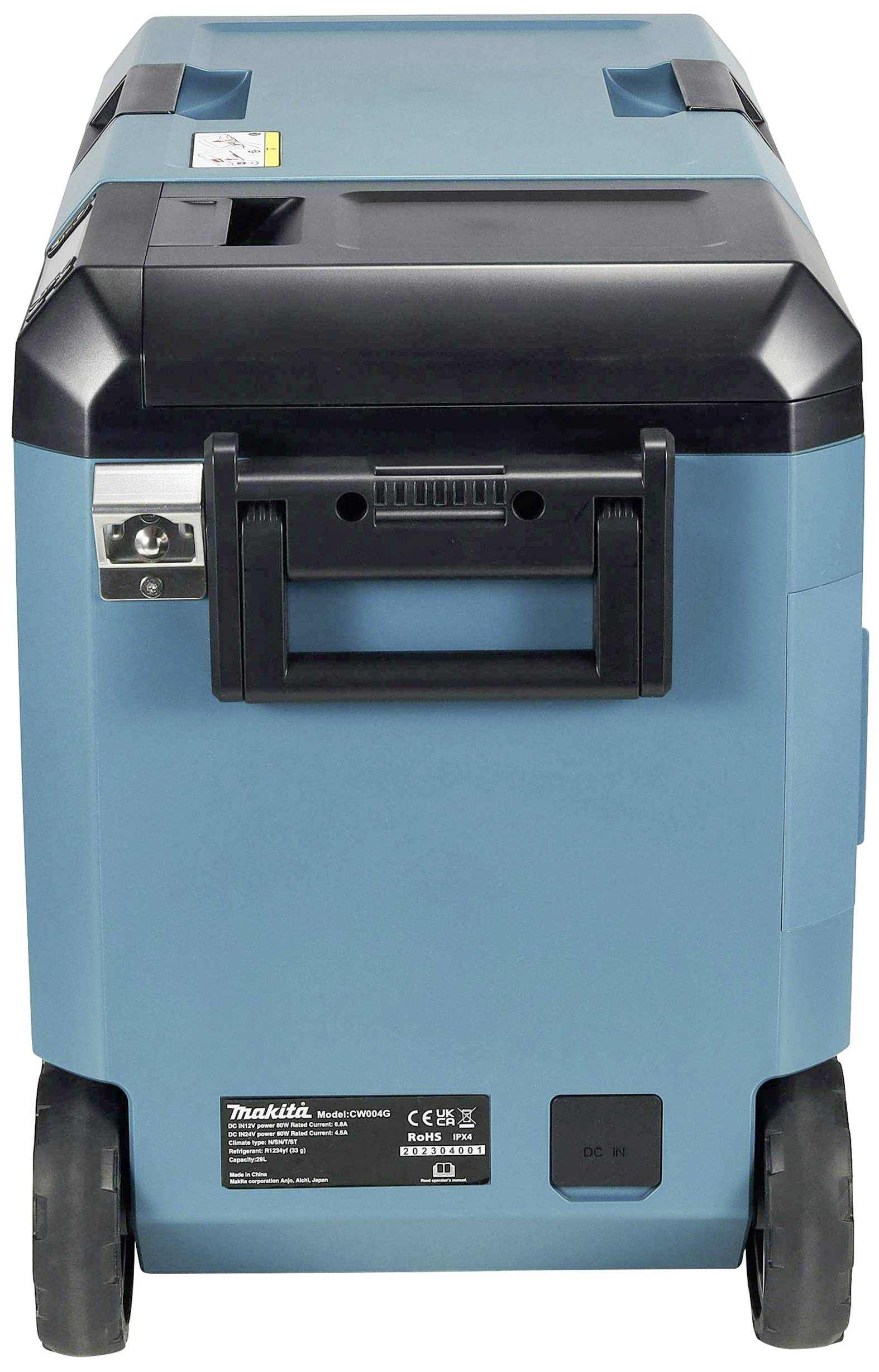 Blauwe, rechthoekige draagbare koelkast met handgrepen en wielen. Wordt gevoed door batterijen, fabriekslogo linksonder.