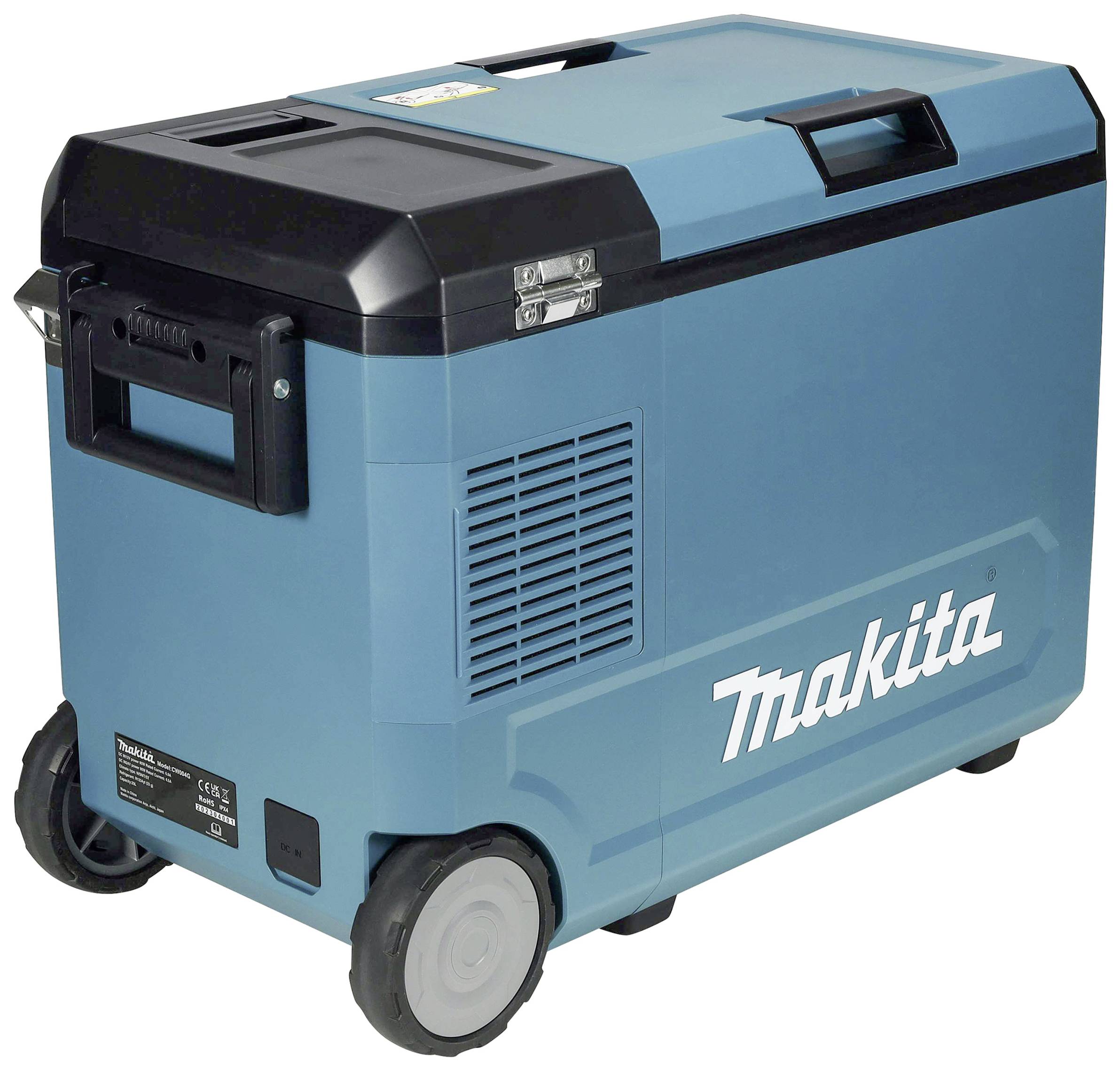 Blauwe draagbare koelbox van Makita met wielen en handgreep, geschikt voor gebruik op bouwplaatsen of tijdens het kamperen.