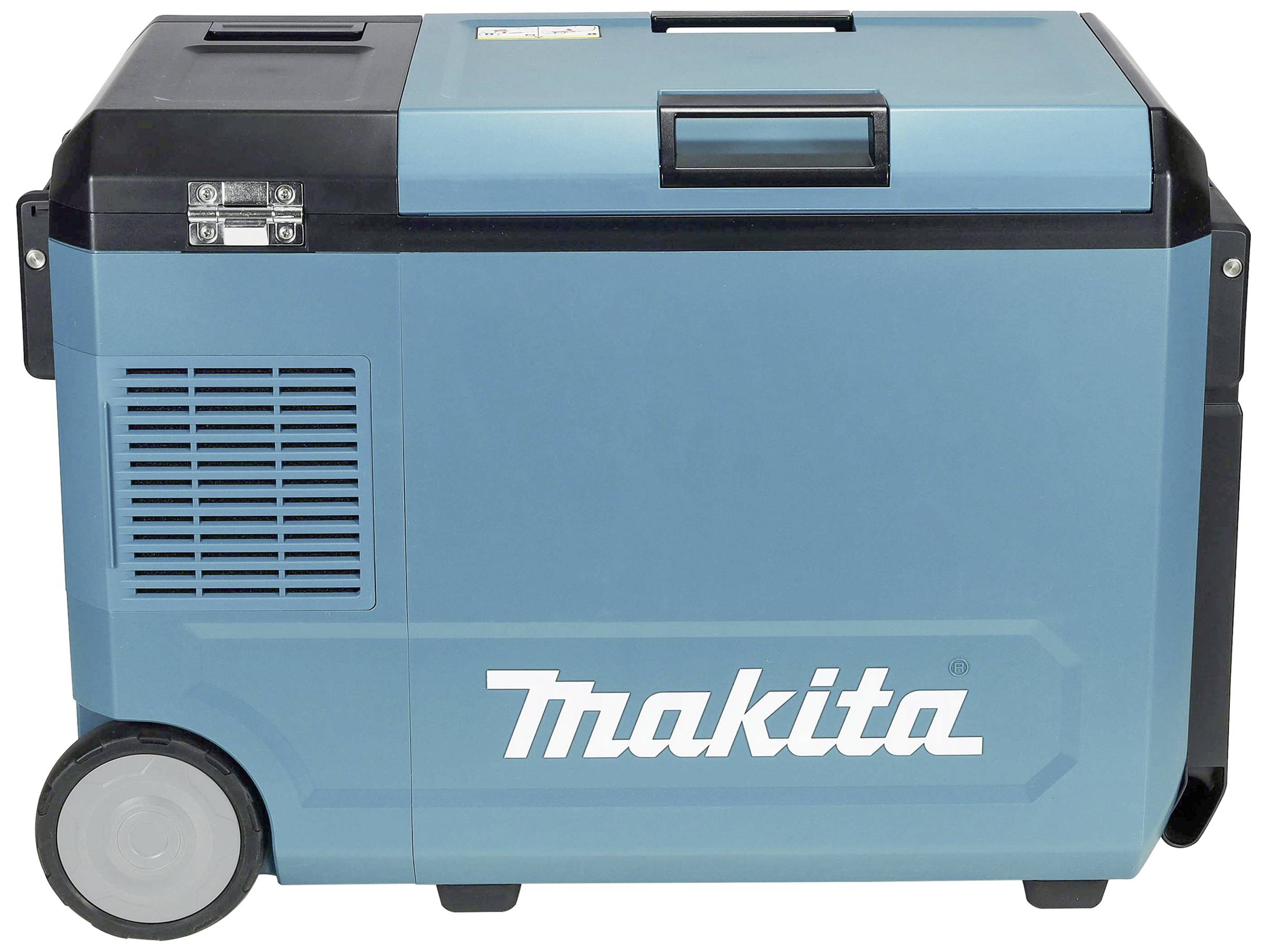Koelbox op wielen van het merk Makita, in blauw en zwart, met een bovenaan geplaatste handgreep.