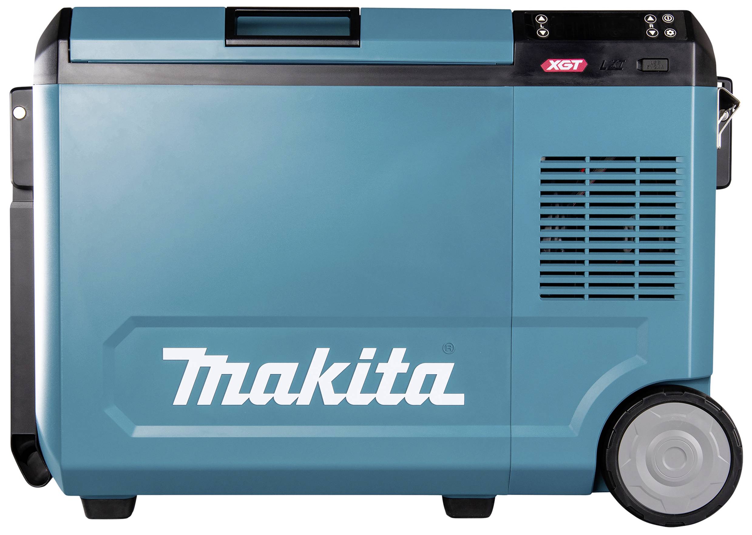 Compacte, turquoise Makita-koeler met handvat en wielen, XGT-model, voor mobiele koeling en opslag van dranken en voedsel.
