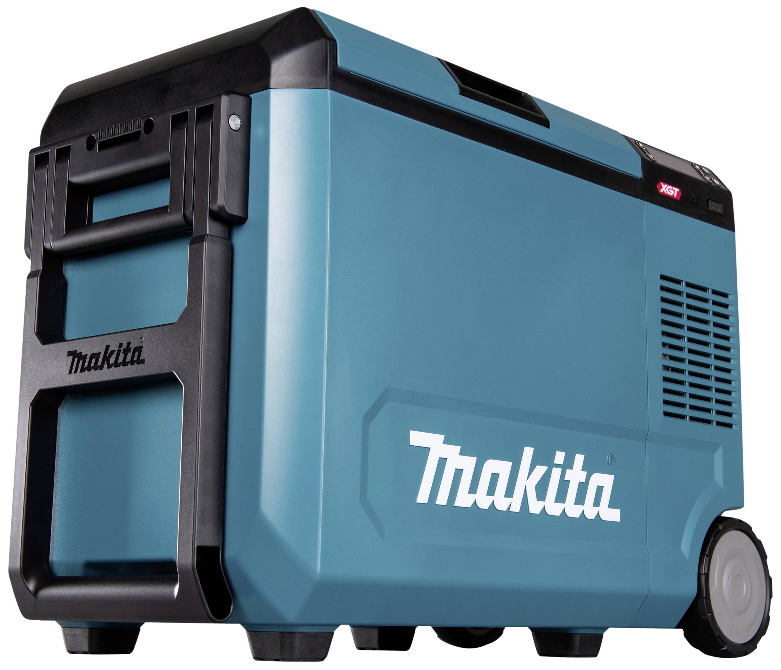 Een draagbare blauwe Makita-koelbox met wielen en handvat, geschikt voor mobiel gebruik.