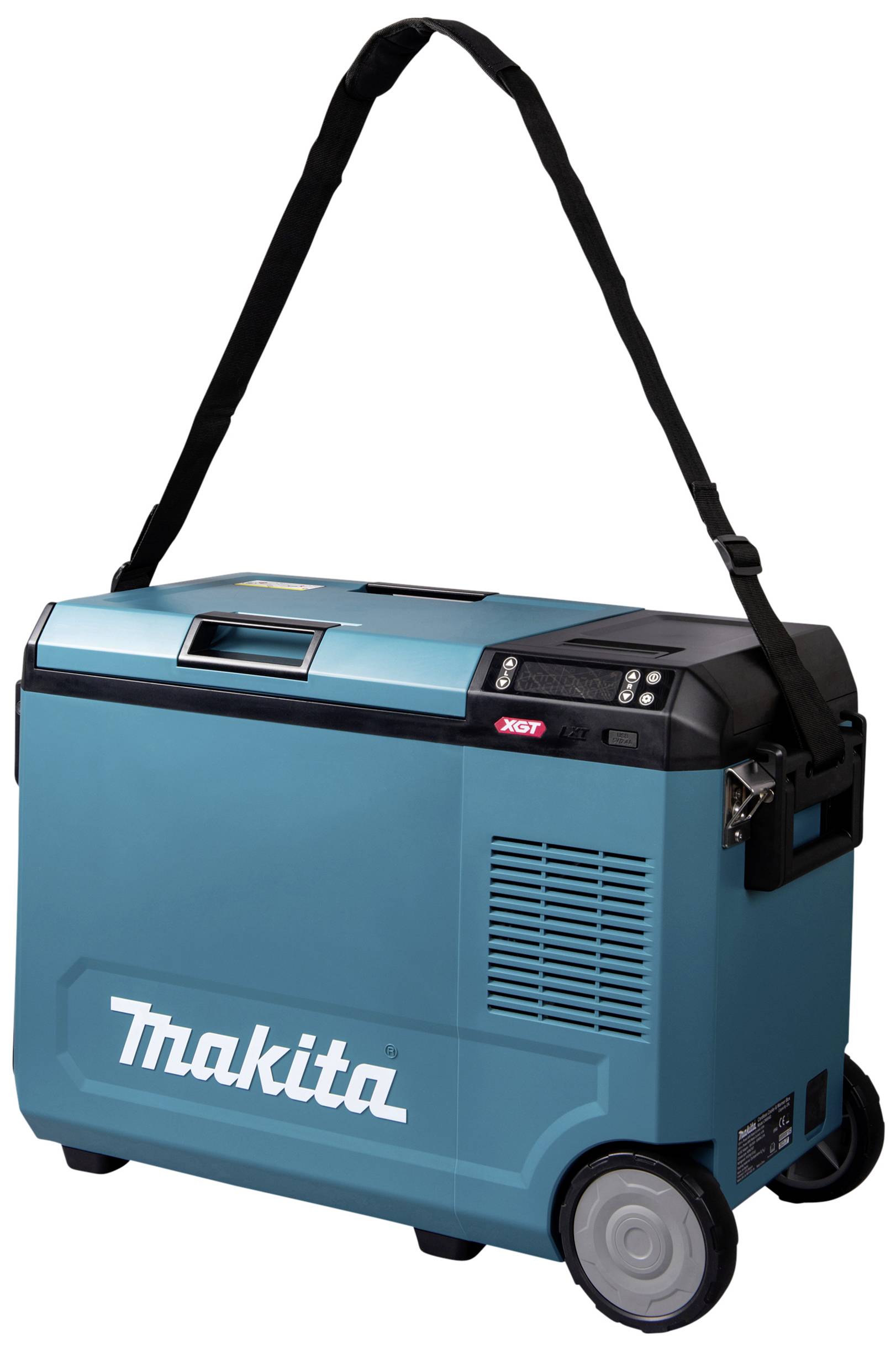 Een draagbare, turquoise koelbox met wielen en een schouderband, gekenmerkt door het 'Makita'-logo, geschikt voor gebruik buitenshuis.