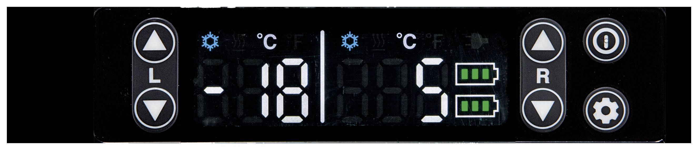 Vriesvak-display: Links 'L' -18°C, rechts 5°C. Symbolen voor instellingen, batterij-indicator, koelsymbolen en bedieningsknoppen.