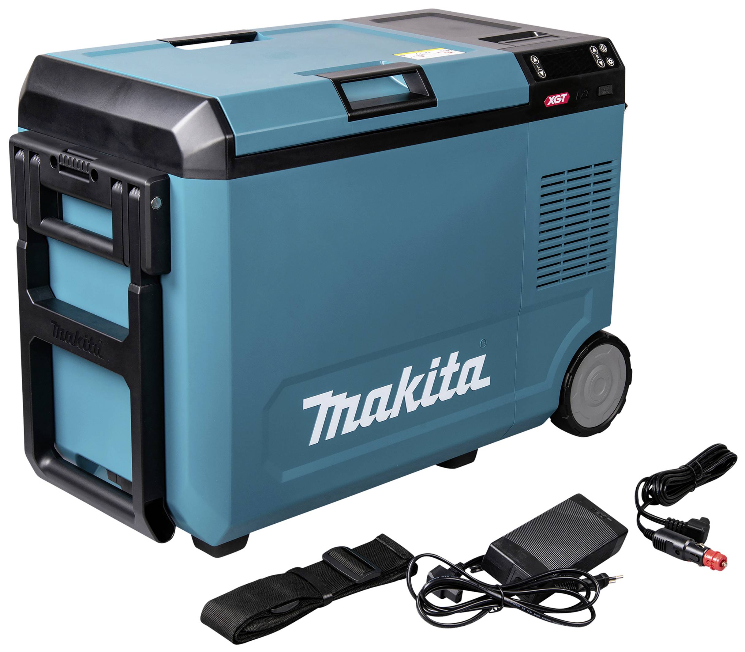 Draagbare elektrische koelbox in het blauw met wielen en handvat. Inclusief accessoires: oplader, kabel en schouderriem.