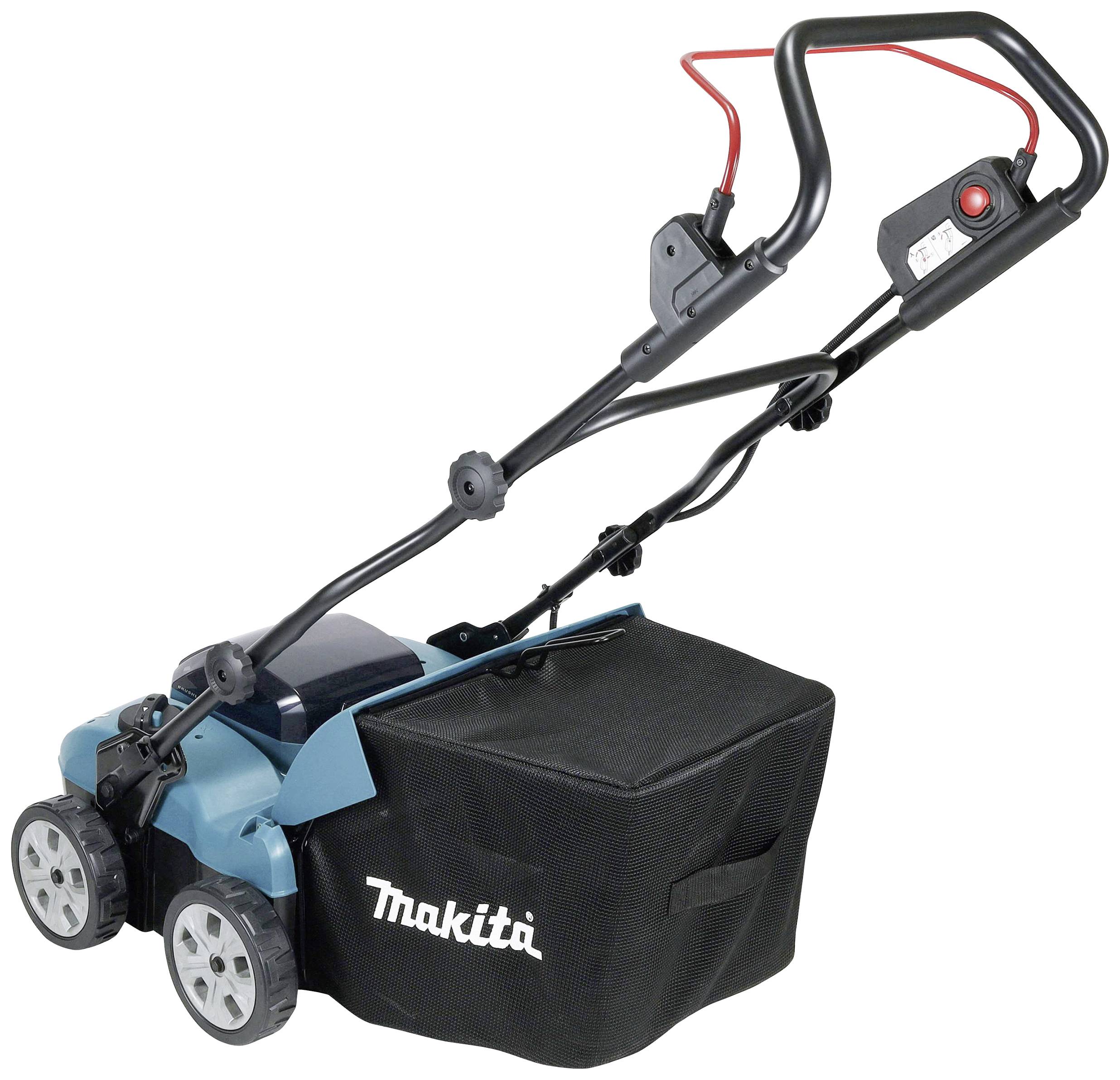 Een blauwe elektrische grasmaaier met een zwarte opvangbak en rode handgrepen.