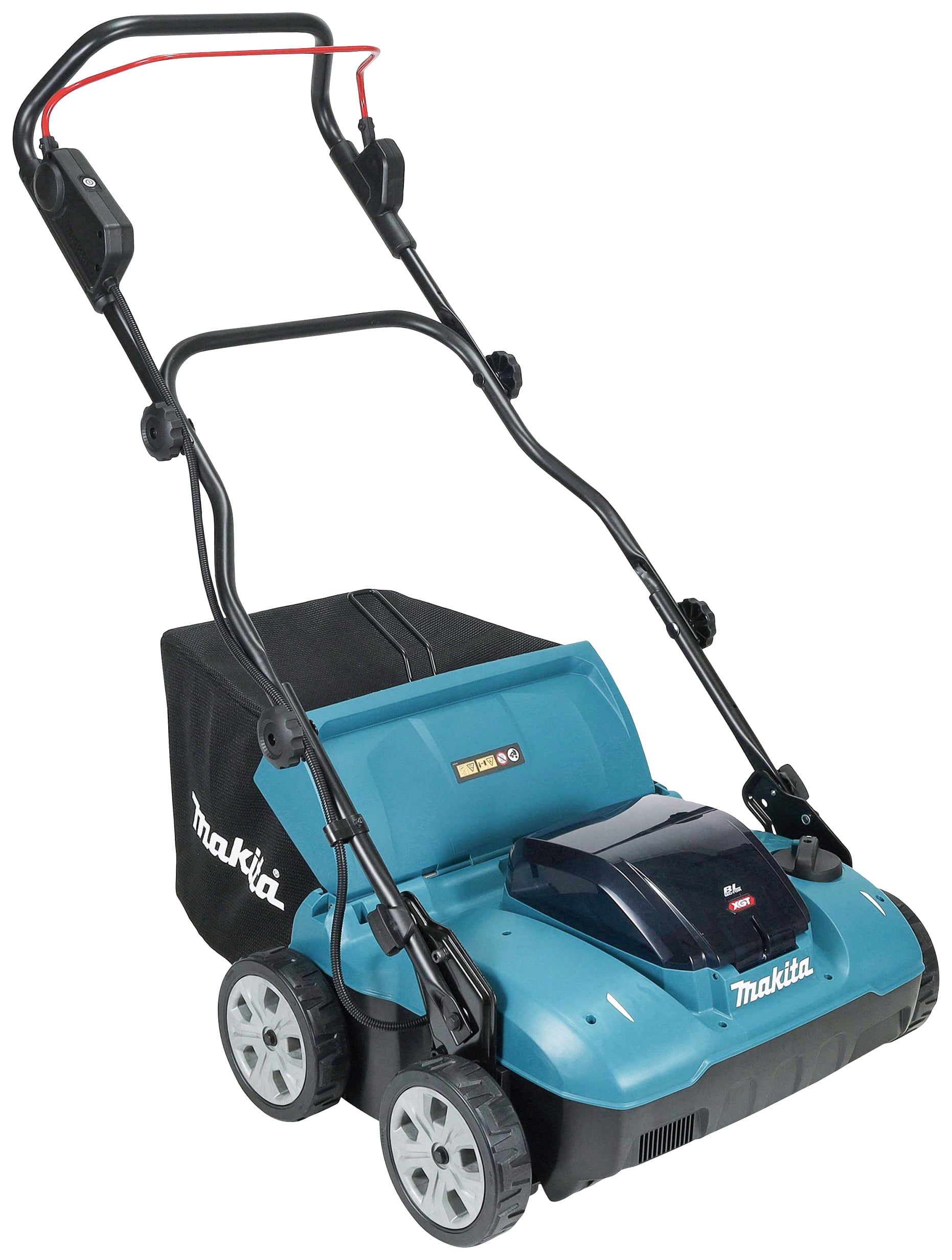 Elektrische grasmaaier in het blauw met zwarte opvangzak. Vier wielen, verstelbaar handvat en merknaam aan de zijkant.