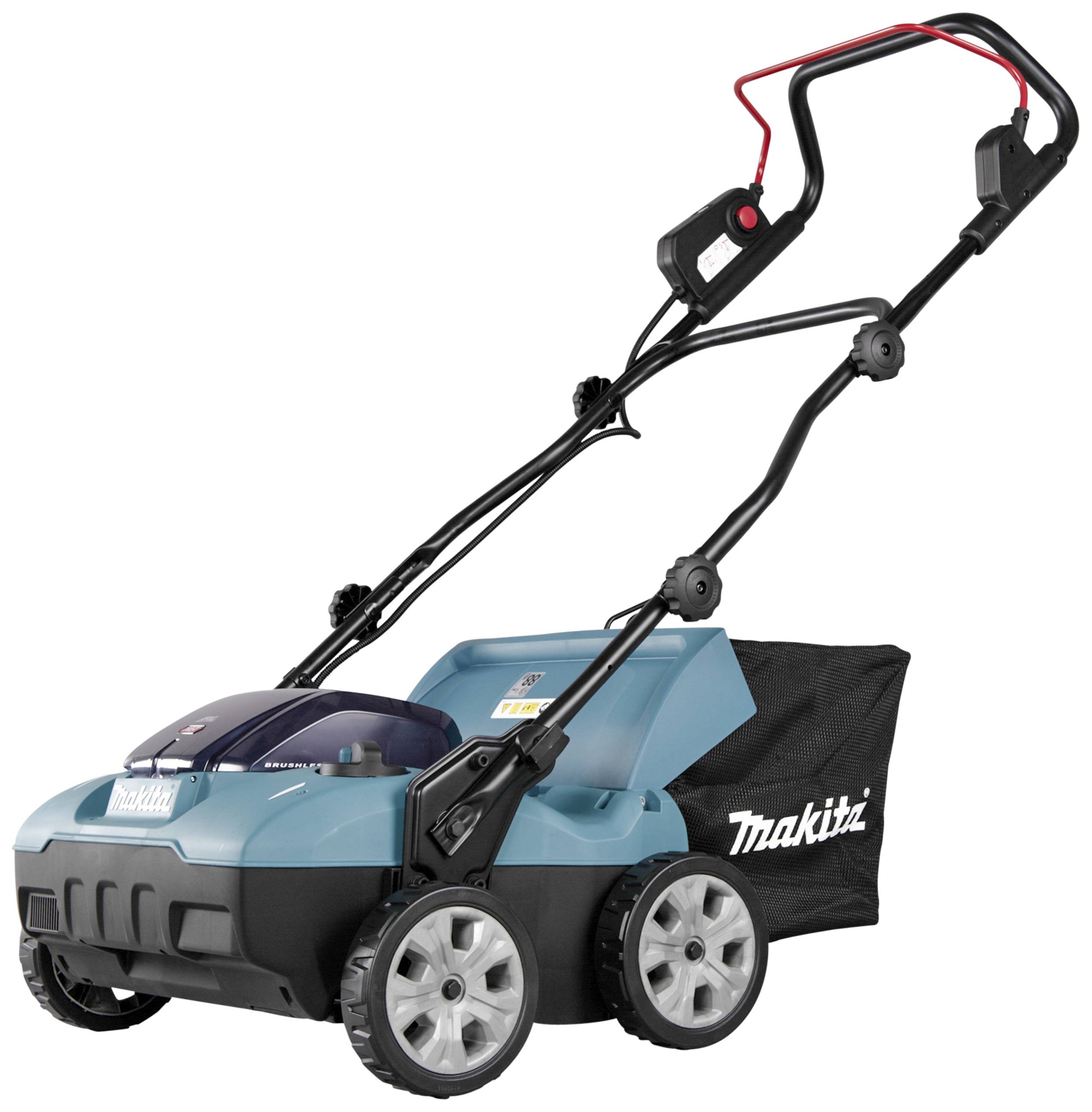 Een elektrische verticuteermachine in blauw-zwart met rode handgrepen en een opvangbak voor gras. Merknaam staat op het toestel.