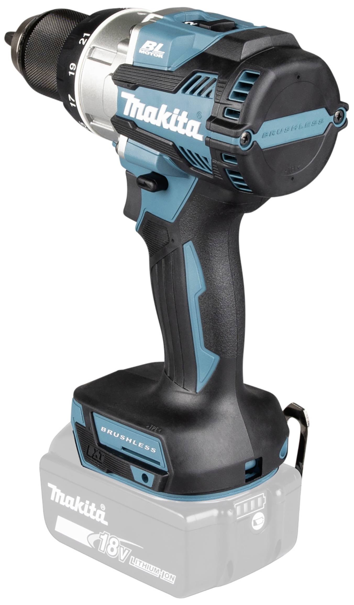 Een blauwe en zwarte accuboormachine van Makita met een borstelloze motor, geschikt voor verschillende doe-het-zelfklussen.