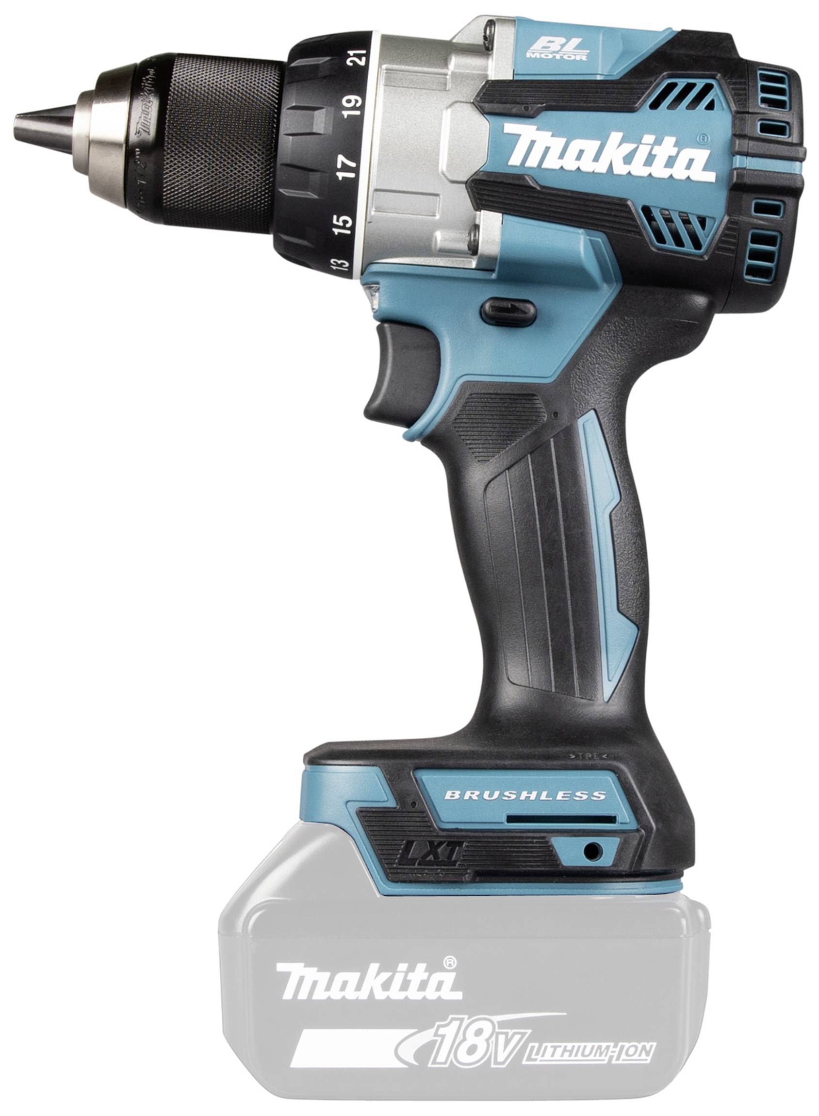 Accuschroefmachine met blauwe en zwarte details, merk 'Makita'. 18V lithium-ionenbatterij. Geschikt voor doe-het-zelf projecten en bouwwerkzaamheden.
