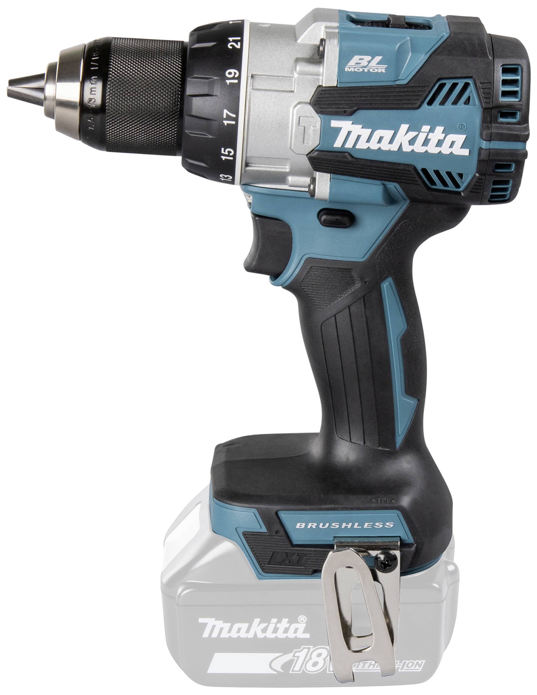 Accuboormachine in blauw en zwart met zilveren accenten. Gemarkeerd met 'Makita' en 'Brushless'.