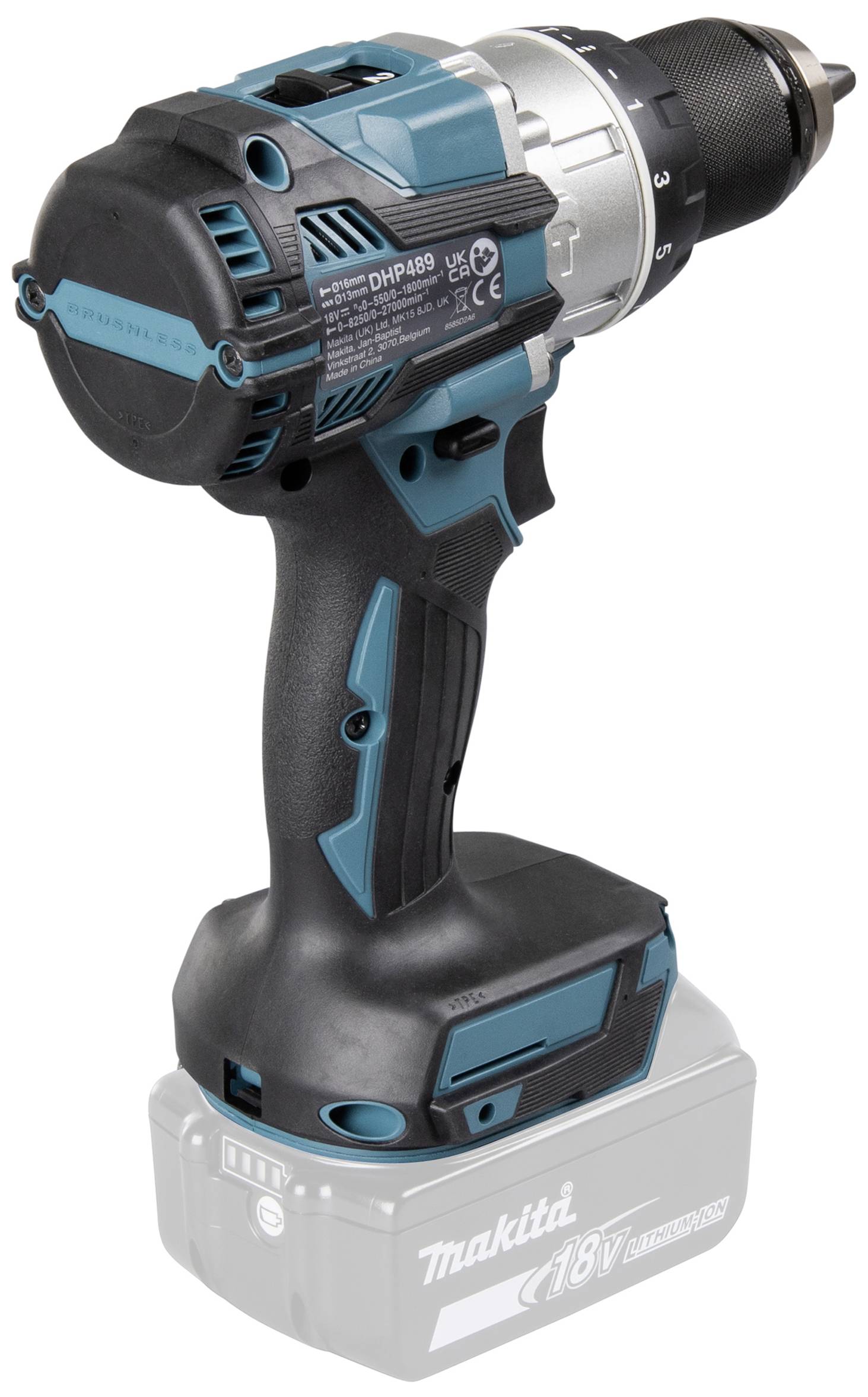 Accuschroefboormachine met een blauw-zwarte behuizing, antisliphandgreep en verwisselbare 18V-accu. Merknaam zichtbaar op de accu.