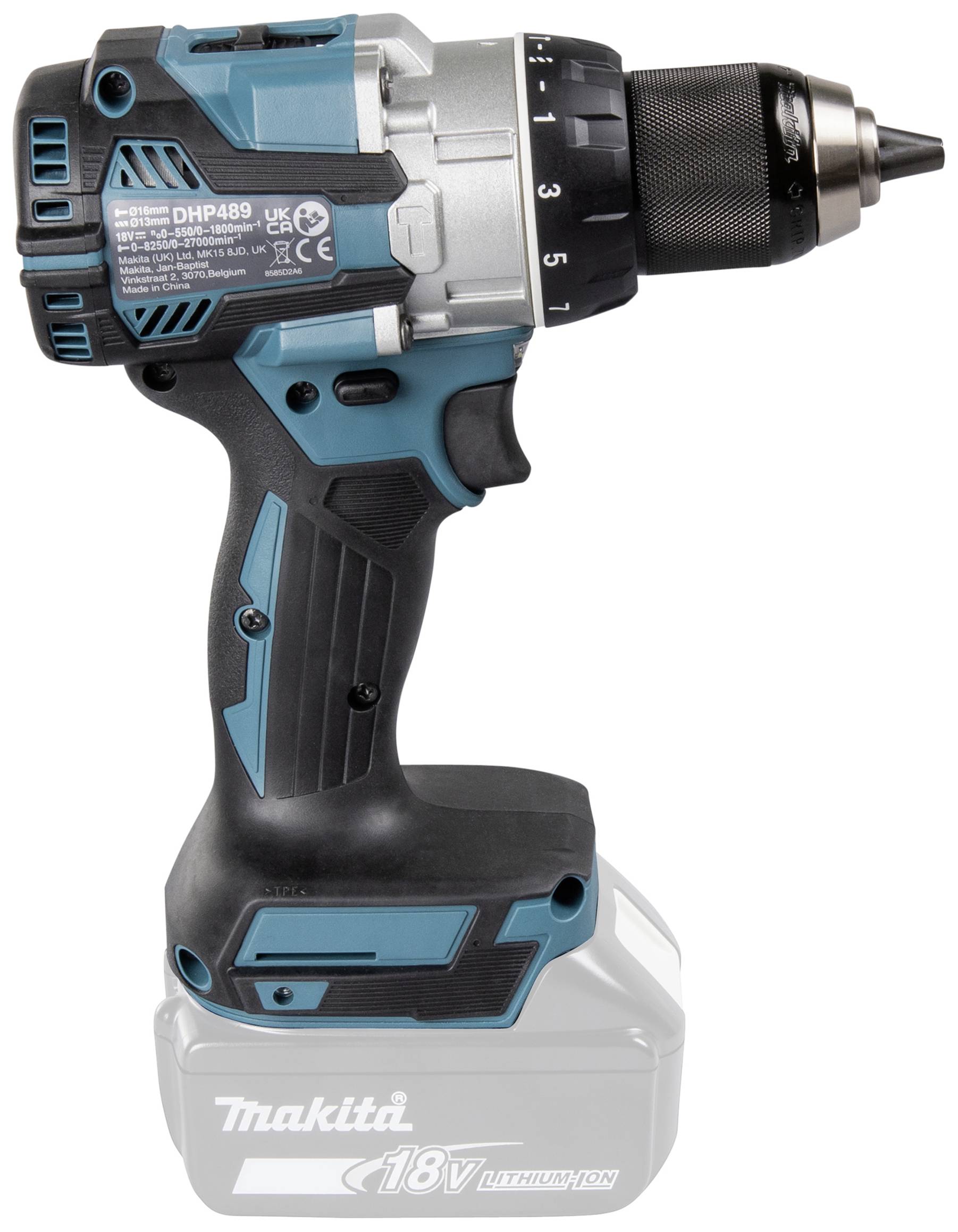 Accuschroefboormachine met 18V lithium-ion accu, blauw-zwart, Geschikt voor boren en schroeven in hout en metaal. Modelnaam op behuizing.