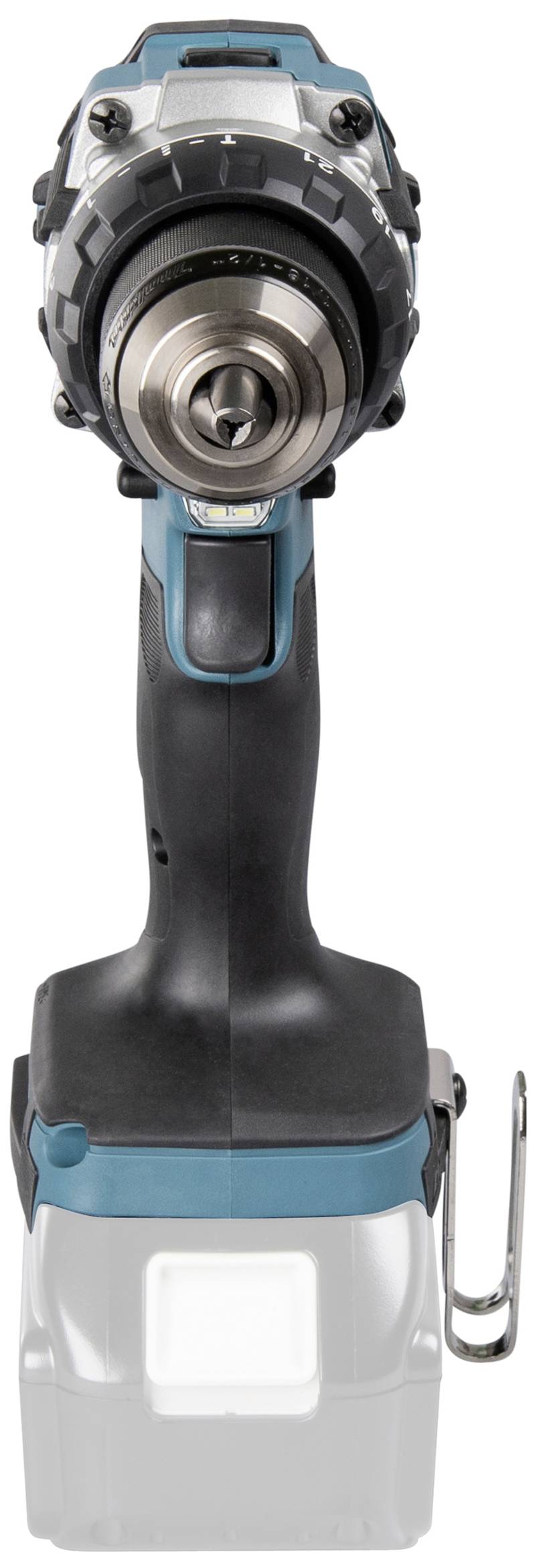 Een zwarte en blauwe accu-schroevendraaier in frontaal aanzicht zonder geplaatste accu.