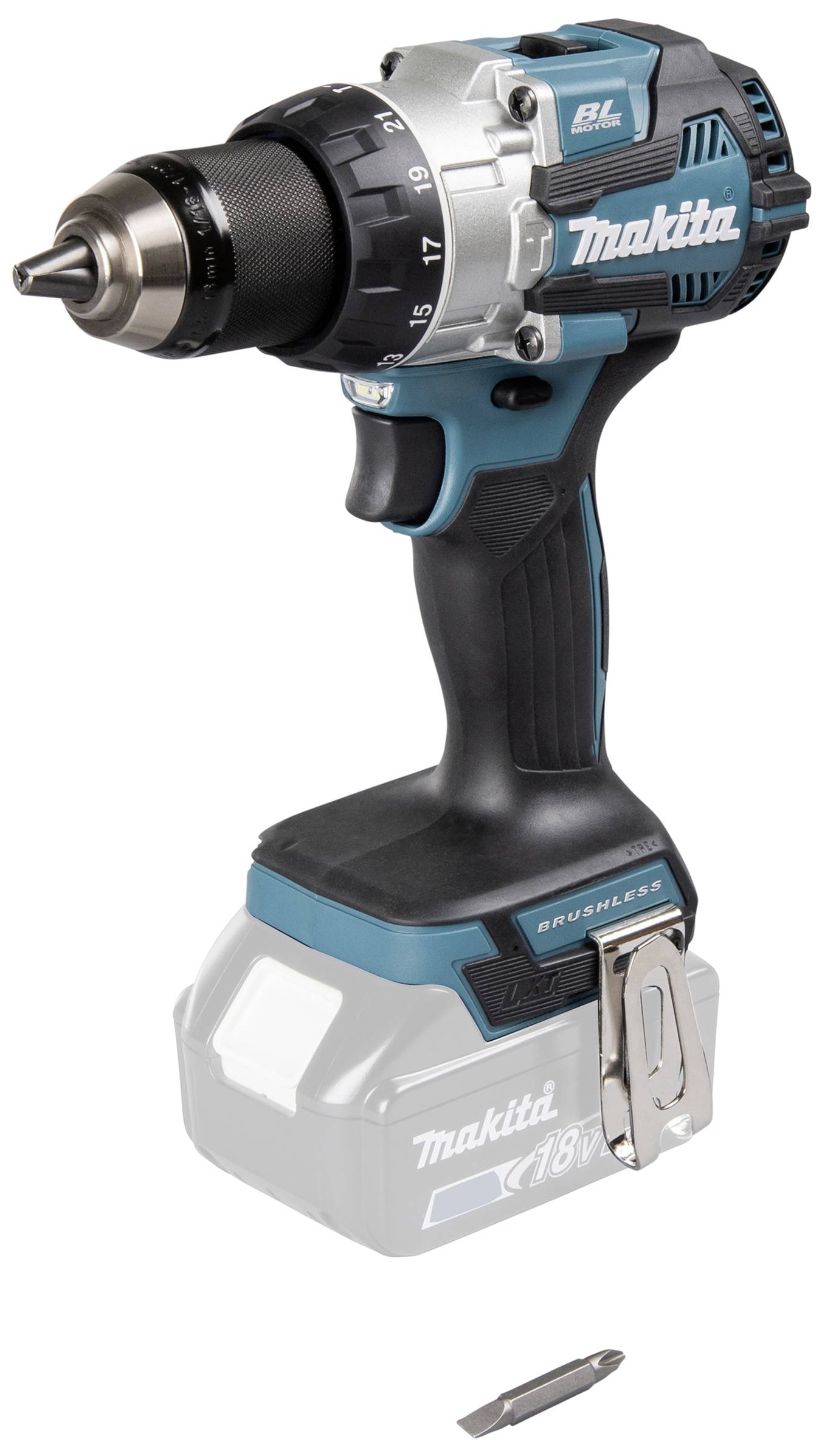 Accuboormachine in blauw en zwart met zilveren accenten. Hij beschikt over een borstelloze motor en een instelbaar koppelbereik.