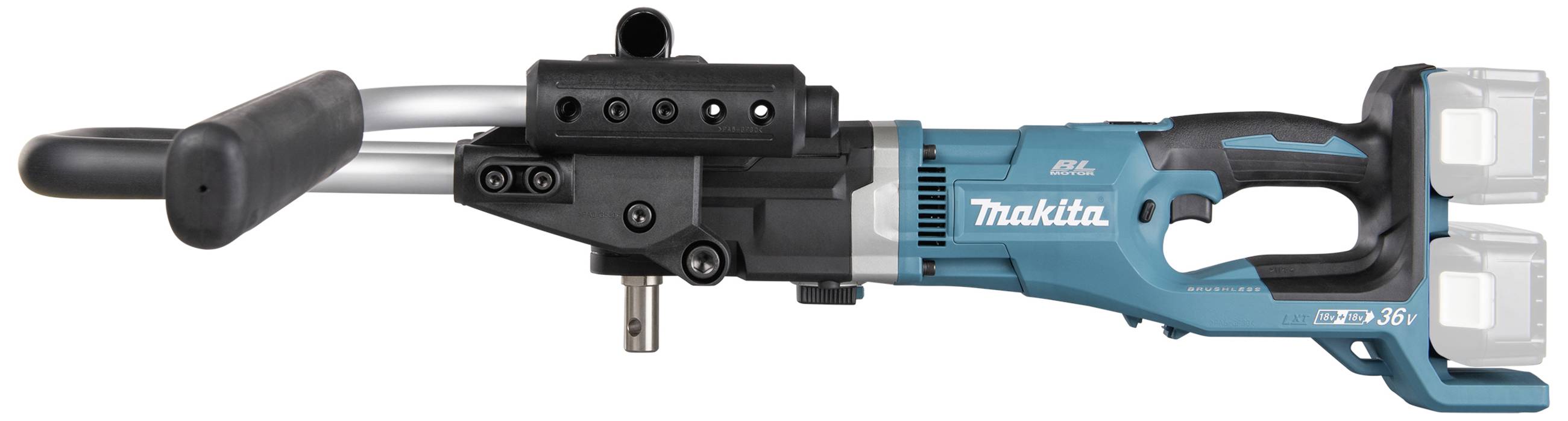 Een blauw en zwart elektrisch handgereedschap met twee handgrepen en een verticale aansluiting. Links bovenaan staat 'Makita'.