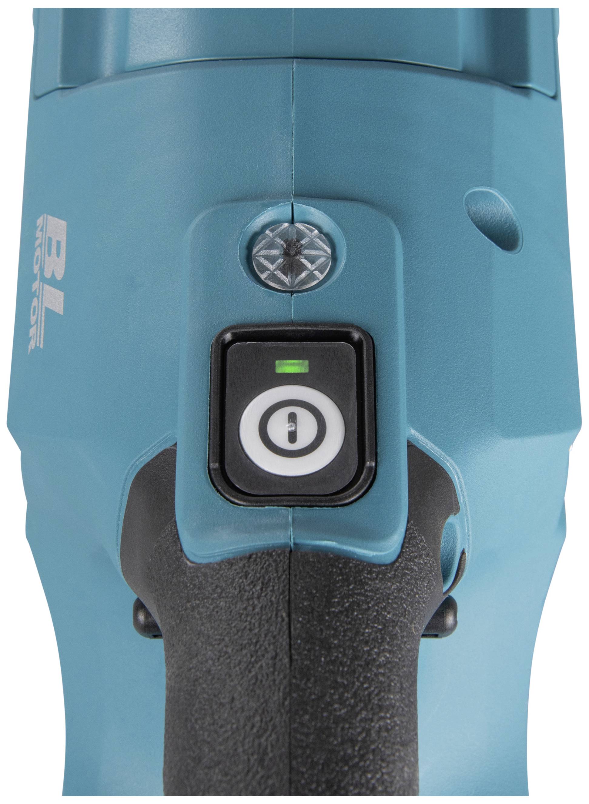Een blauw elektrisch gereedschap met een aan-/uitschakelaar in het midden. Een groene controlelamp geeft de bedrijfsstatus aan.