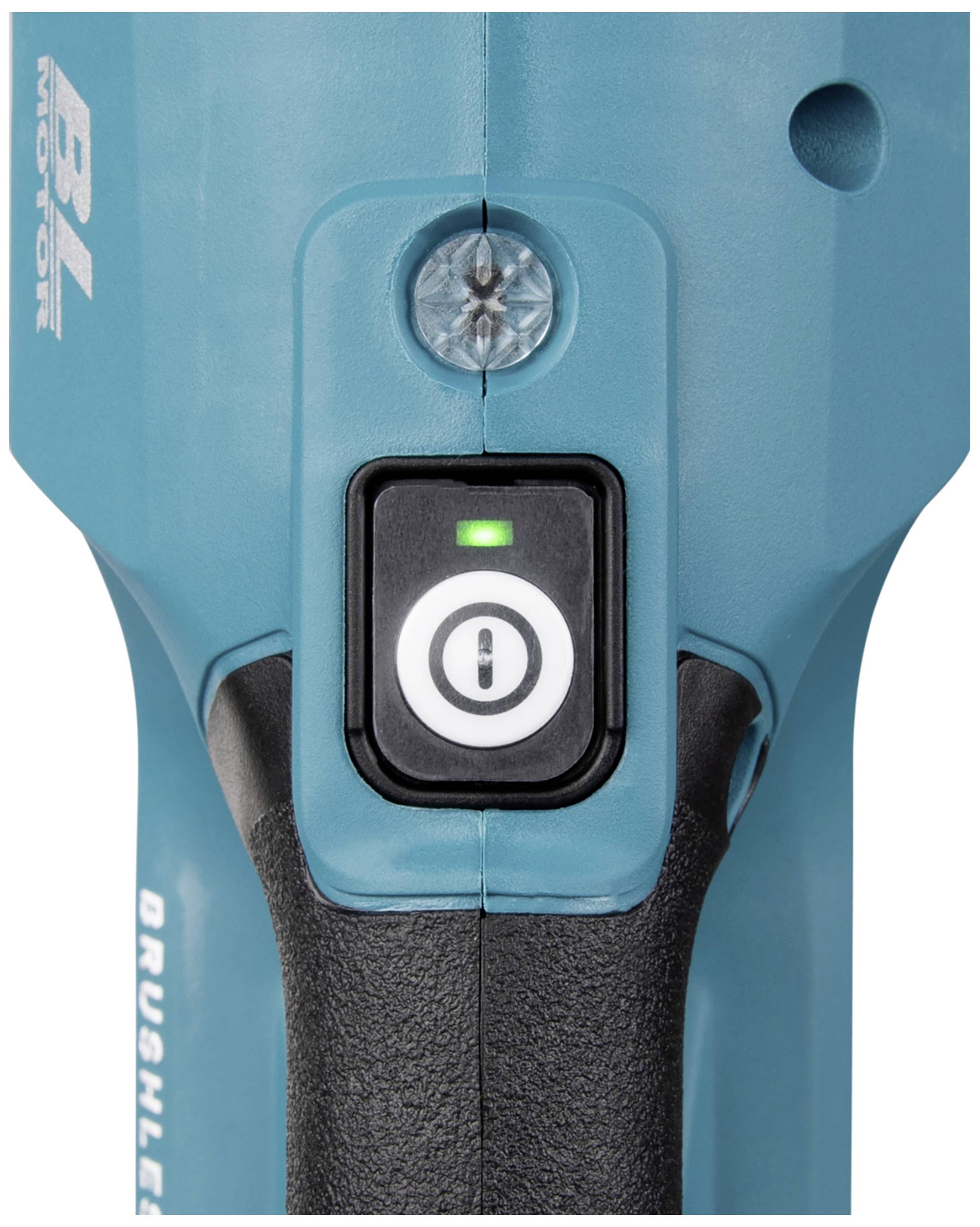 Een blauwe elektrotool met een zwarte handgreep en een witte aan-/uitschakelaar. Een groen licht geeft de bedrijfsstatus aan.