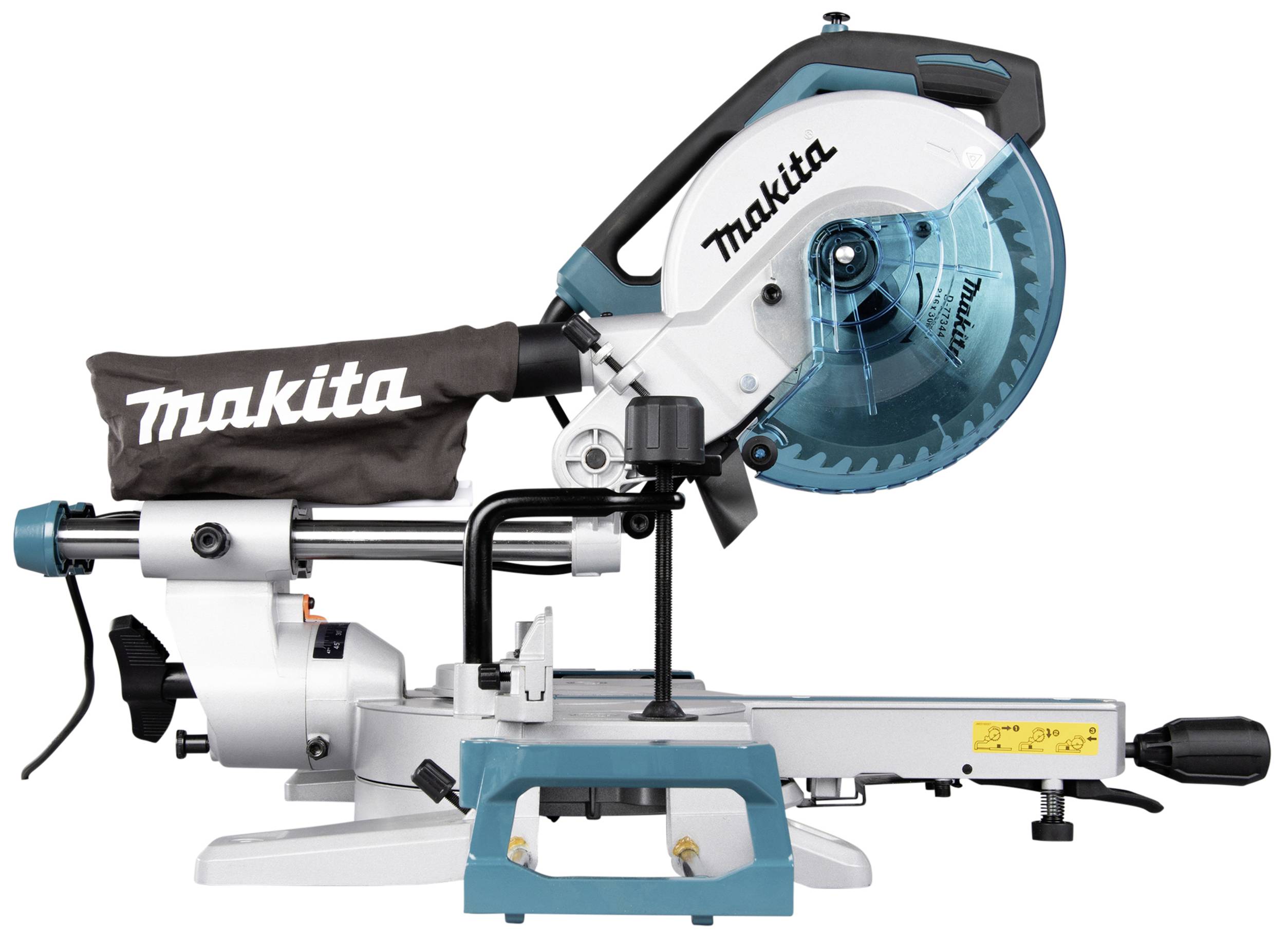 Makita motorische verstekzaag, model met stofzak en blauw zaagblad, zijaanzicht, op witte achtergrond.