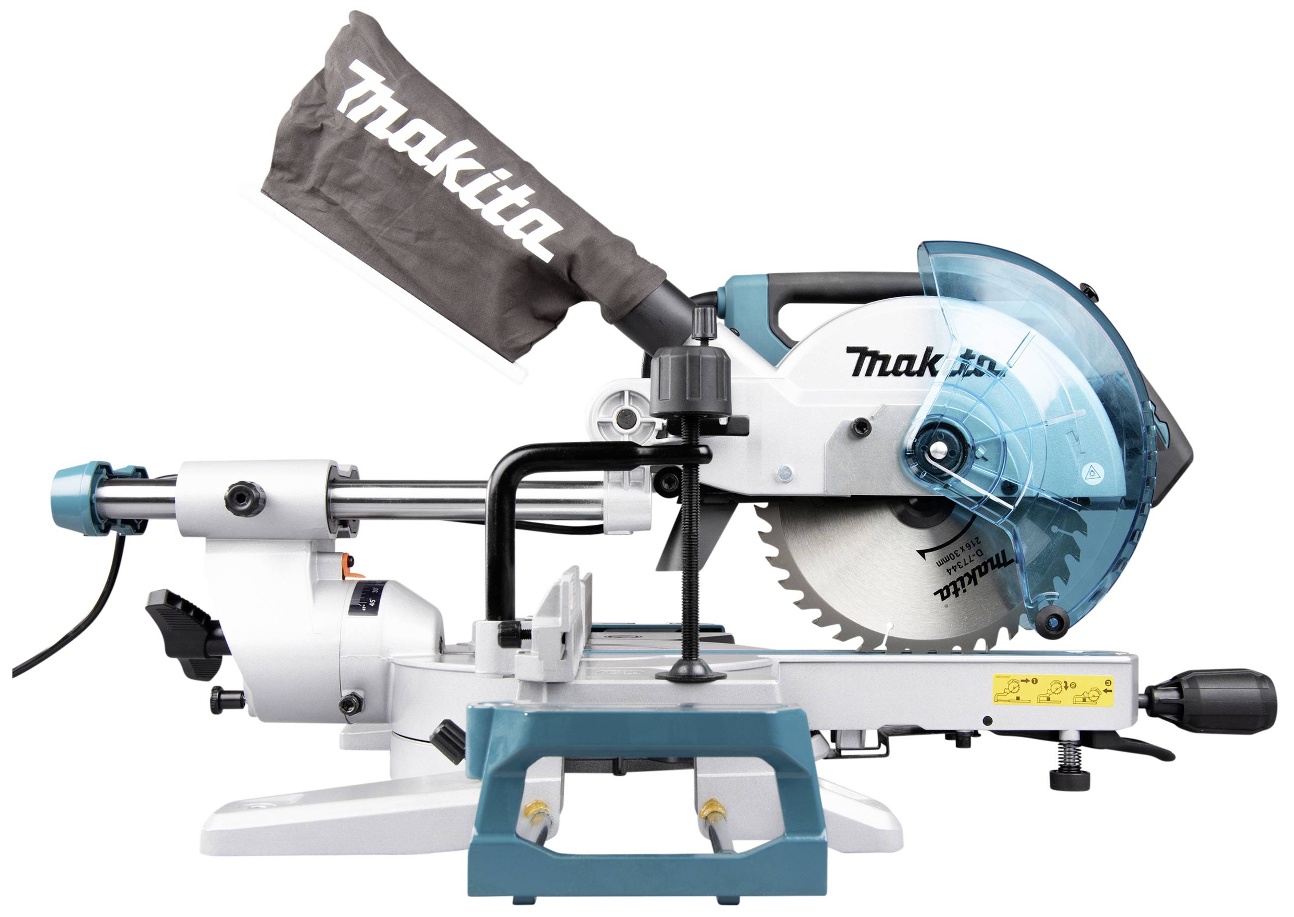 Cirkelzaag met transparante beschermkap, stofopvangzak en laserrichting; productkenmerken van 'Makita' te zien.