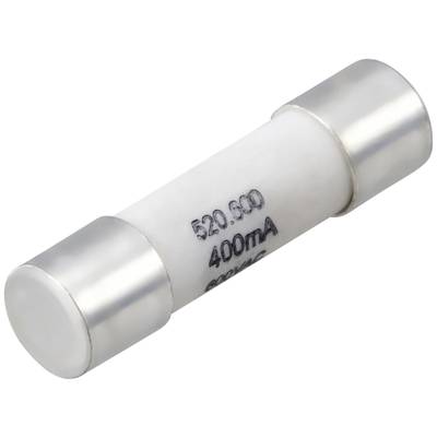 Witte cilindrische glazen zekering met zilveren eindkappen, gemarkeerd met '520.500 400mA', toont spanningscapaciteit en stroomsterkte.