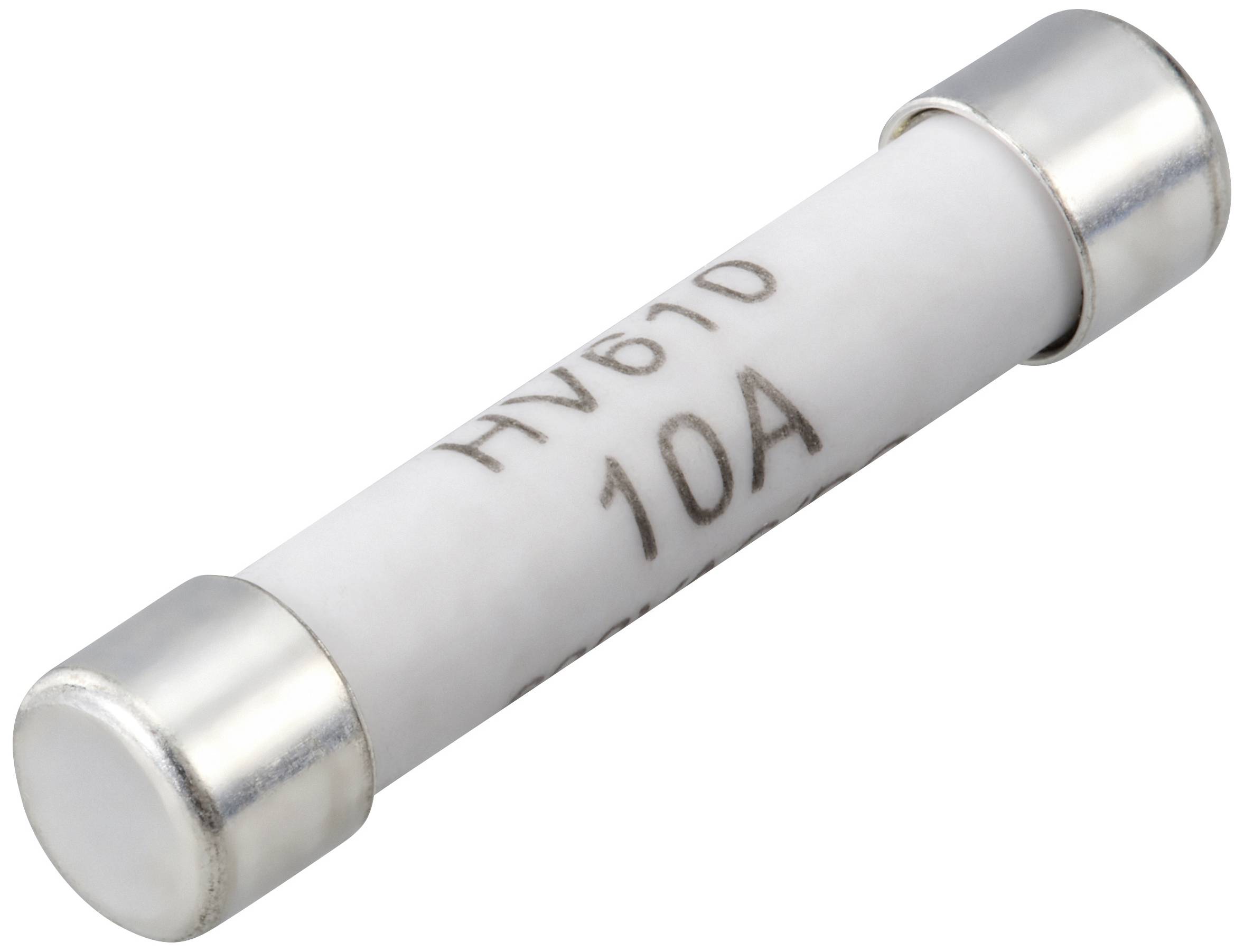 Een cilindrische, witte zekering met de opdruk 'HV61D 10A'.