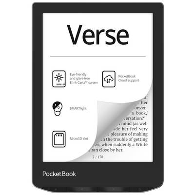 Een e-reader met de tekst 'Verse'. Functies zoals een niet-reflecterende scherm, SMARTlight, PocketBook Cloud en een MicroSD-kaartslot.