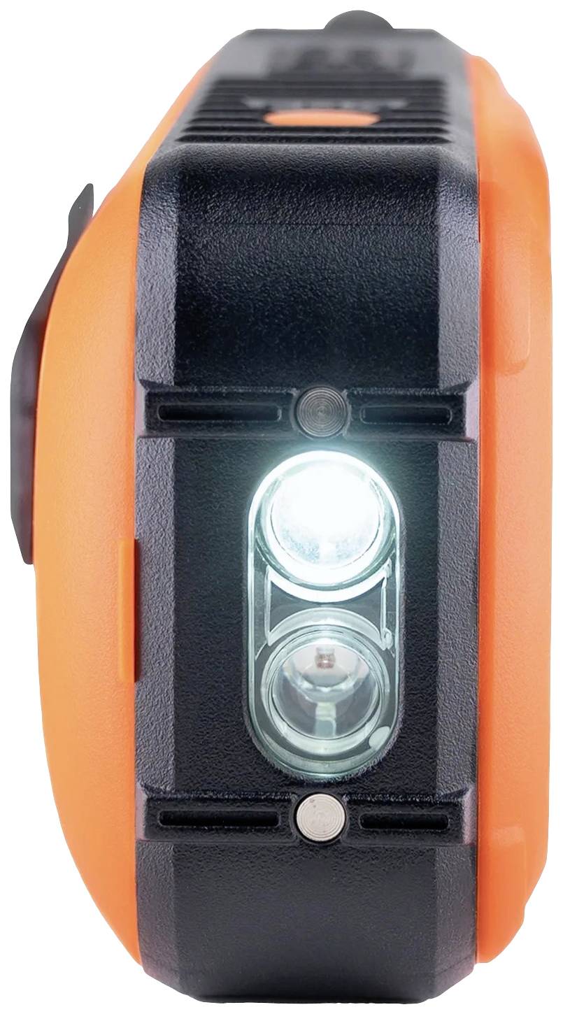 Een draagbaar elektronisch apparaat met twee lichtgevende led's op een oranje-zwarte oppervlakte, gezien van voren.