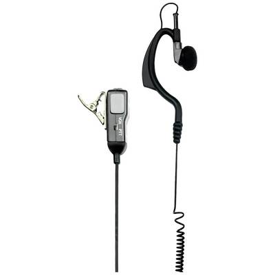 Een zwarte headset met microfoon en kabel, uitgerust met een clip voor bevestiging. Geschikt voor portofoons.