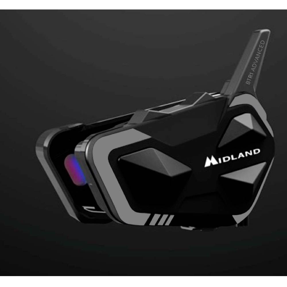 Een zwart, modern apparaat met de opschrift 'Midland' en 'BTX1 advanced', vermoedelijk een communicatieapparaat of portofoon.