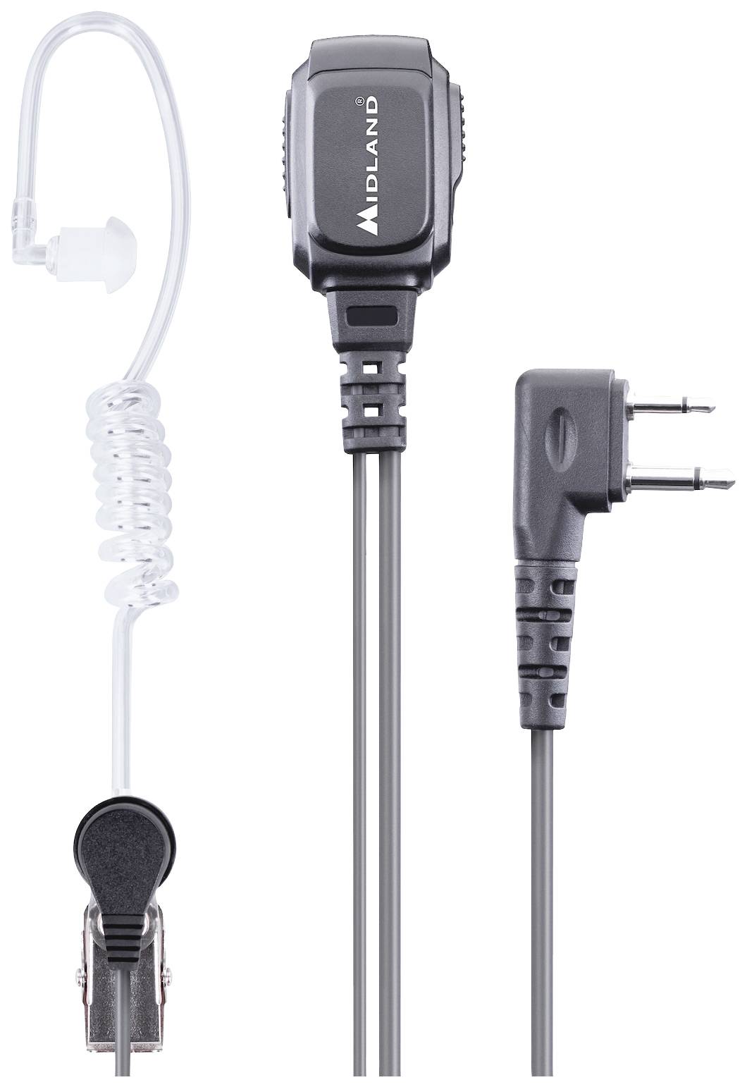 'Afgebeeld is een zwarte headset met transparante spiraal kabel en oordopje, geschikt voor portofoons. Rechts is de twee-pins aansluiting zichtbaar.'